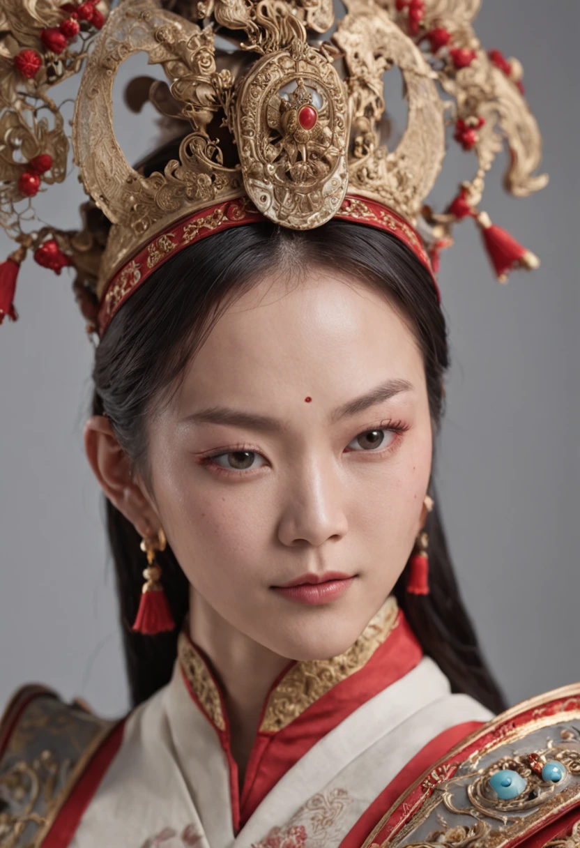 Feng Shen List,tmasterpiece,ultra fine photos,,best qualtiy,超高分辨率,Photoreality,Chiaroscuro,full-body portraits,stunningly beautiful,dynamicposes,delicated face,Bigchest,Murderous eyes,(seen from the side),She wears ancient Chinese armor,very highly detailed background,detailed face with,Detailed and complex busy background,untidy,opulent,milkyW,Highly detailed skin,Realistic details of skin,Visible Pore,tack sharp focus,volume fog,8k uhd,digital SLR camera,high qulity,filmgrain,White skin of the,photo-realism,lomography,Huge metropolis in a dystopia of the future , look from down, semi transparent