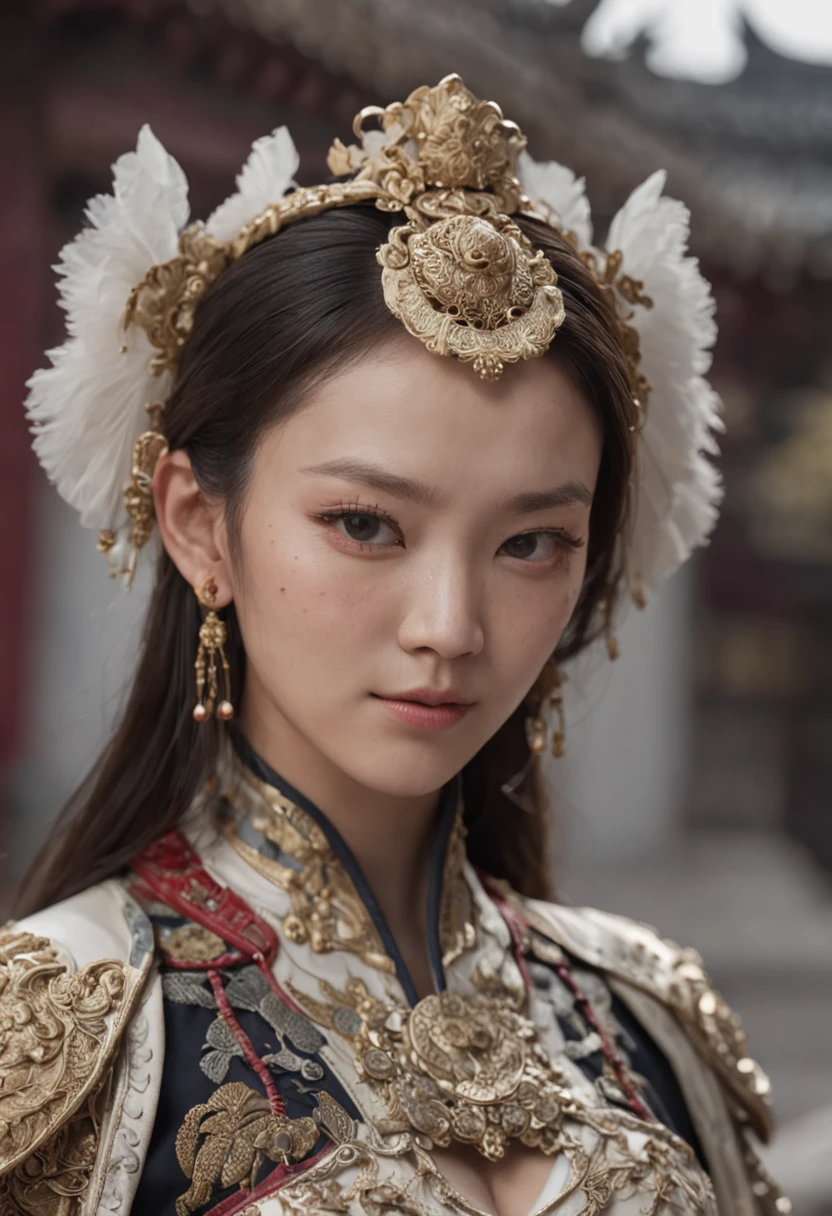 Feng Shen List，tmasterpiece，ultra fine photos，，best qualtiy，超高分辨率，Photoreality，Chiaroscuro，full-body portraits，stunningly beautiful，dynamicposes，delicated face，Bigchest，Murderous eyes，（seen from the side），She wears ancient Chinese armor，very highly detailed background，detailed face with，Detailed and complex busy background，untidy，opulent，milkyW，Highly detailed skin，Realistic details of skin，Visible Pore，tack sharp focus，volume fog，8k uhd，digital SLR camera，high qulity，filmgrain，White skin of the，photo-realism，lomography，Huge metropolis in a dystopia of the future , look from down, semi transparent