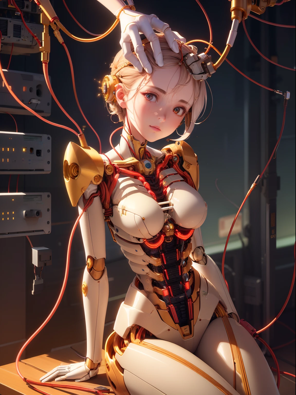 (((masterpiece))), (((best quality))), ((ultra-detailed)), (highly detailed CG illustration), ((an extremely delicate and beautiful)),(cute delicate face),cinematic light,((1mechanical girl)),solo,full body,(machine made joints:1.4),((machanical limbs)),(blood vessels connected to tubes),((mechanical vertebra attaching to back)),((mechanical cervial attaching to neck)),((sitting)),expressionless,(wires and cables attaching to head and body:1.5),(character focus),science fiction