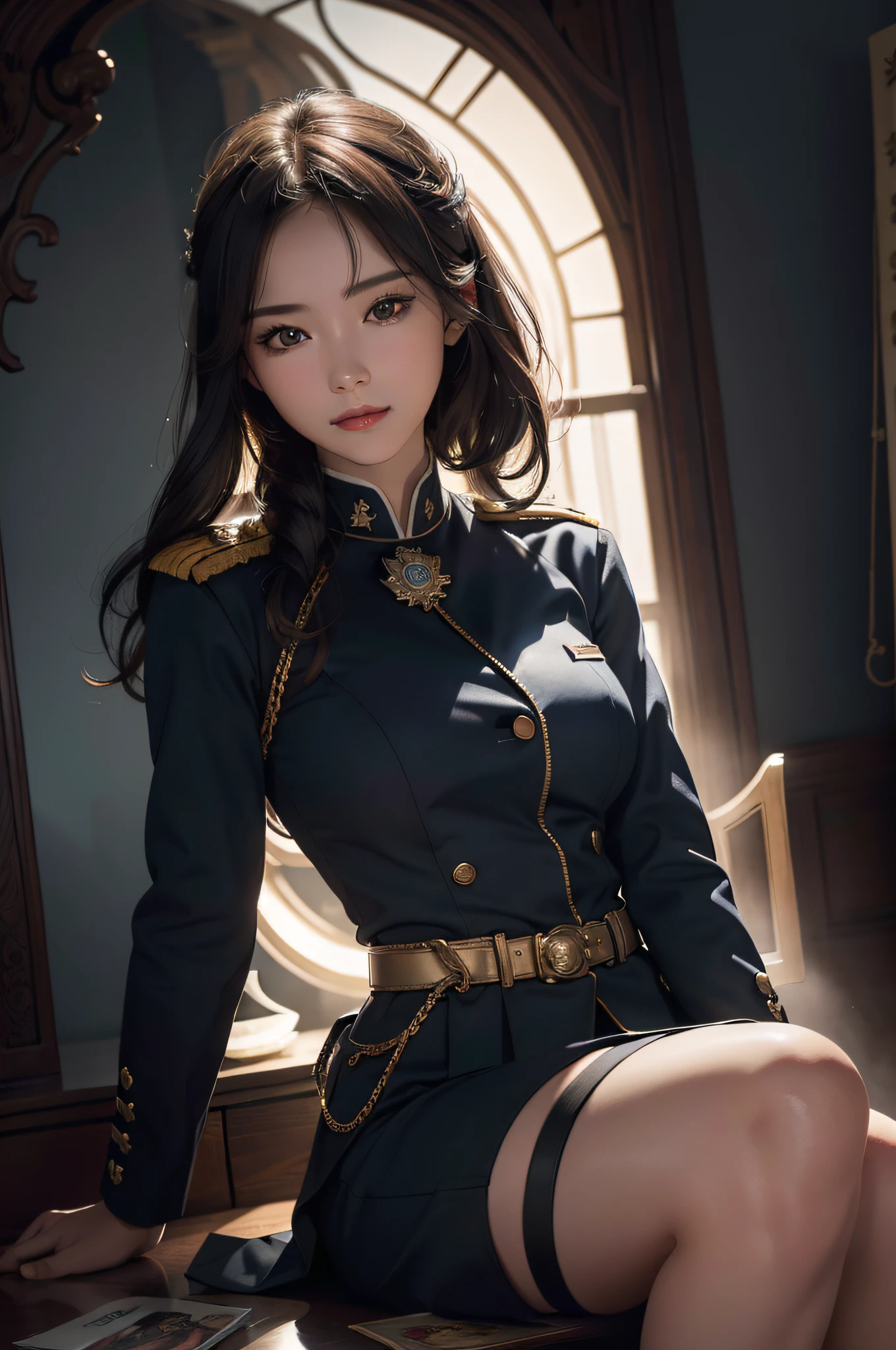 (Hyper-realistic) , (illustratio), (Increase the resolution),(8K), (Most Best Illustration),(extremely detaile), (美丽细致的眼睛),(The face is super detailed), (详细的脸), 独奏,1个Giant Breast Girl, looking at viewert, in the darkness nigth, deep shading, ssmile,cabelos preto e longos,(((U.S. military uniforms:1.8)))