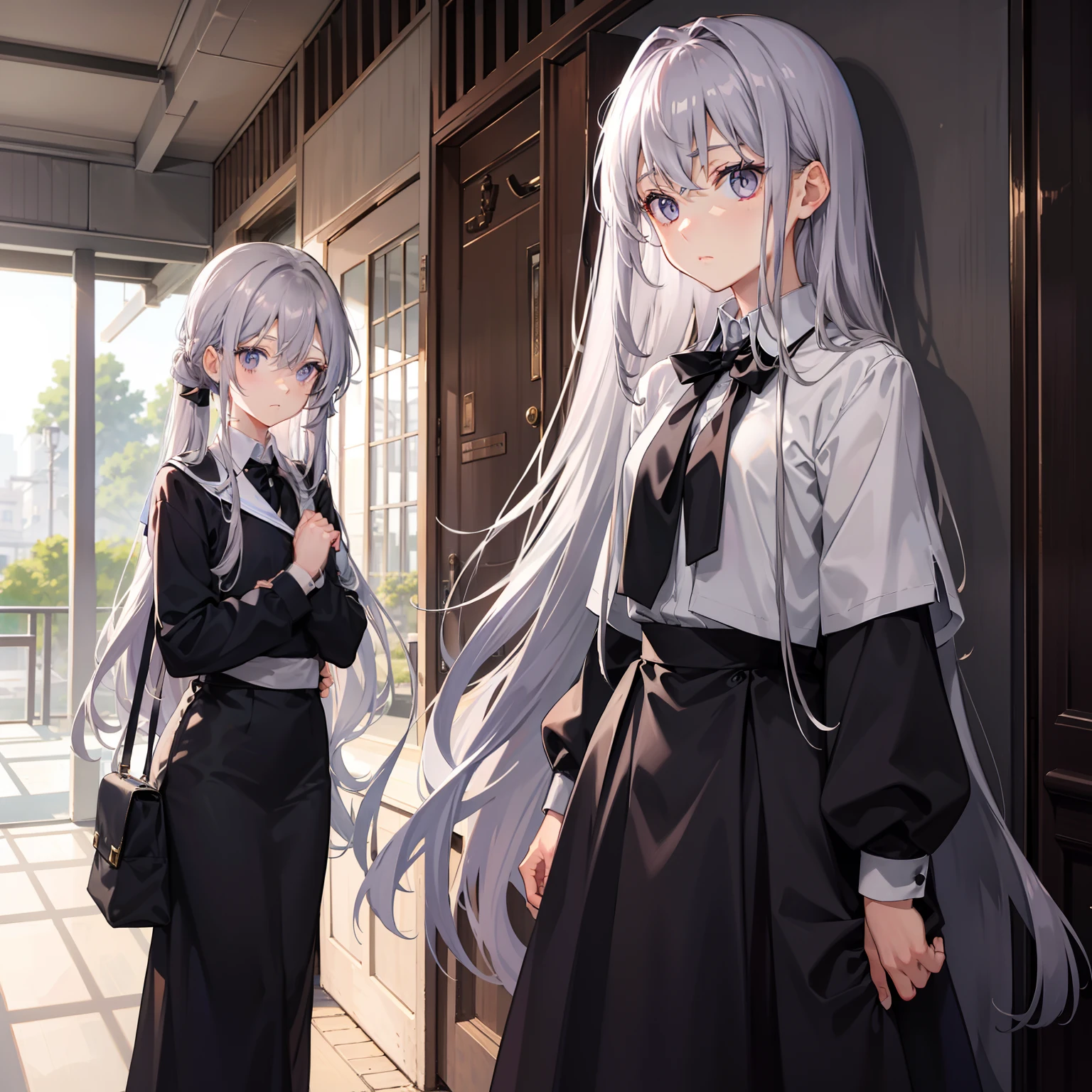 grey long hair,Light lilac eyes,Thin hair curtain,Carry your hands behind your back,Stand at the school gate,An unfathomable expression on his face,