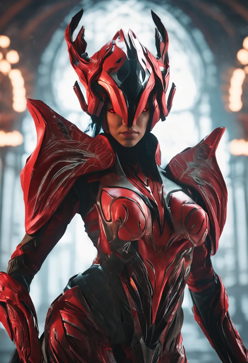 There is a woman in a red dress with a sword in her hands, of a beautiful female warframe, WARFRAME, red magic surrounds her, Warframe Destiny, Detailed warframe, beautiful warframe Saryn, Screenshot of the 2020 video game, pc screenshot, Gameplay screenshot with UI