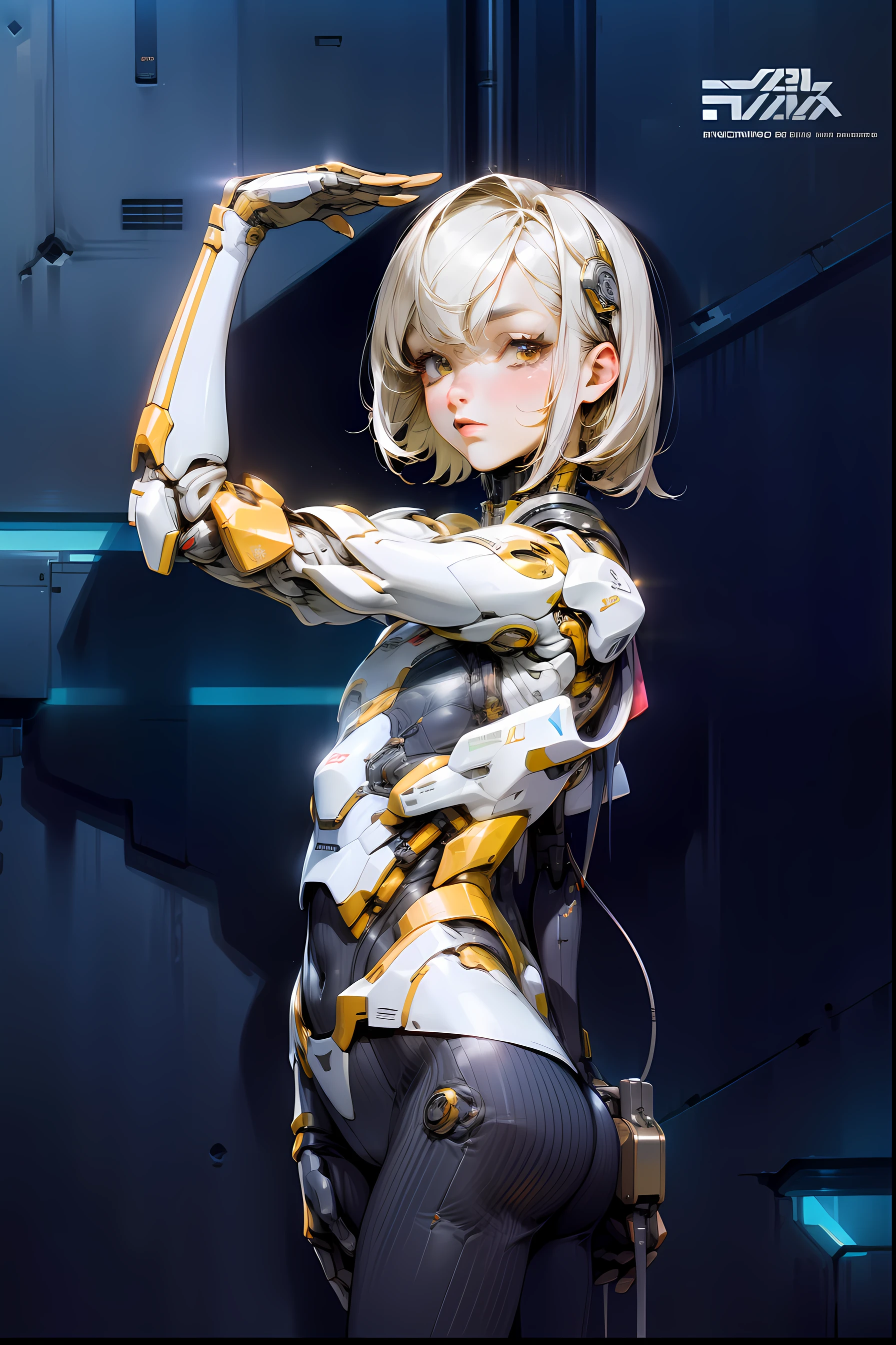 High Quality, Ultra High Resolution, Ultra Realistic, Super Detailed, Robot, Humanoid, Slim, beautiful, 1girl, yellow hair, short hair, Full Face, Full Body, female, Metallic, Metallic, Luxury, Metallic, One