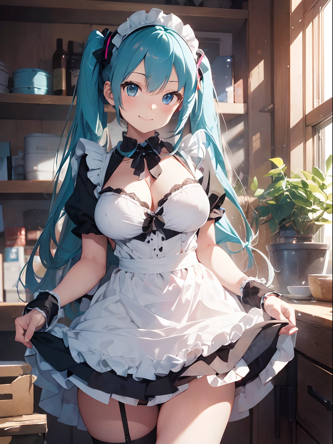 (miku hatsune:1.2)、Normal、top-quality、Photorealsitic、(superfine illustration)、 (High resolution)、beautiful attractive anime girl、Seductive Woman、slenderbody、Tied hair、((One girl:1.5))、women's pictures、Full body shot、Beautiful blue eyes、a smile、(classic maid dress:1.3)、Elegant Maid Clothes、(Lift the hem of the skirt)、Clearly visible underwear、no skirt、Erotic 、big breasts, nipple, no panties, sperm