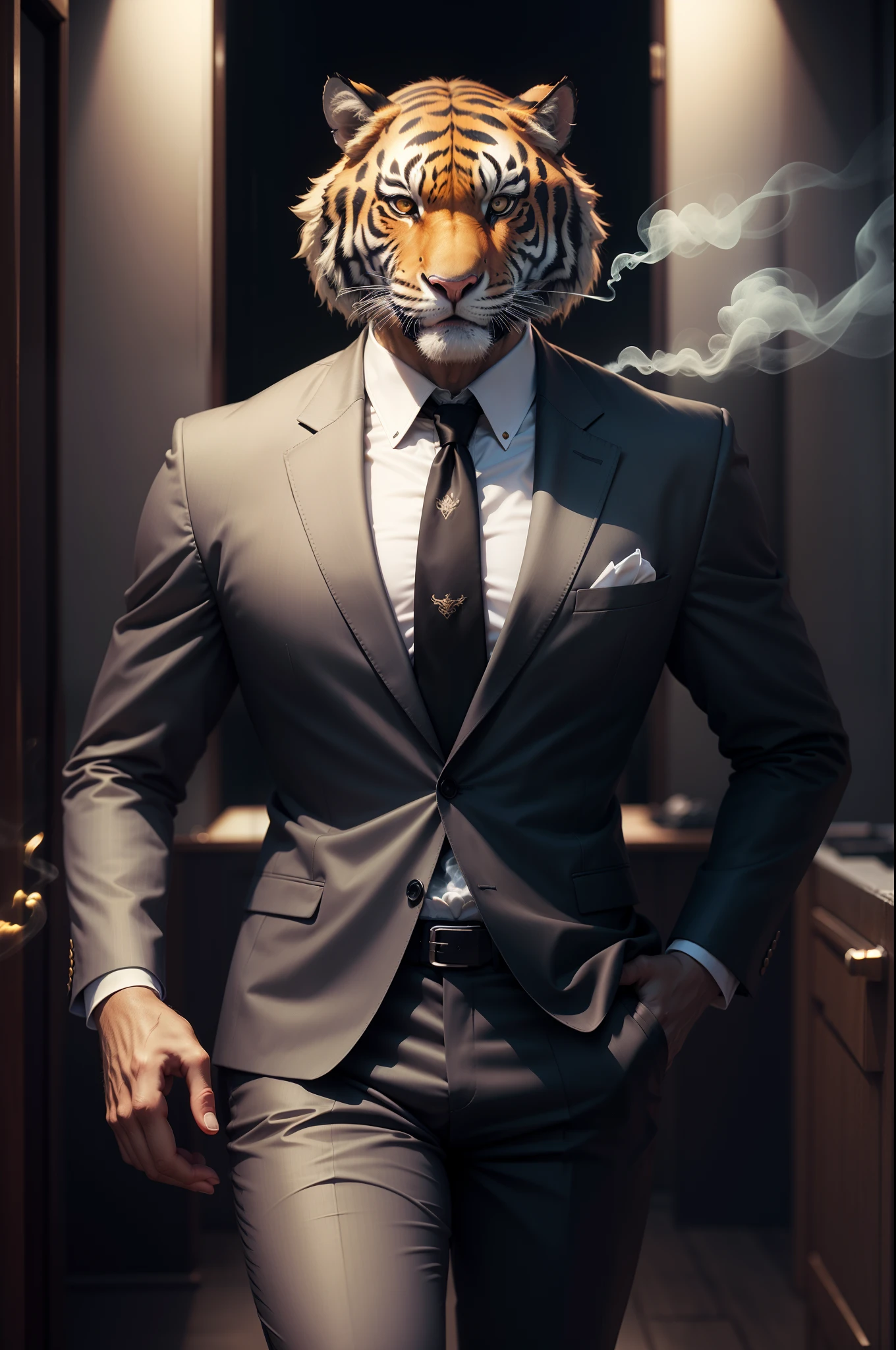 Anthropomorphic tiger, dressed in a suit, Smoking, lightroom, Cinematic, hdr, primitive, Intricate, High quality, soothing tones, Intricate details, Low contrast
