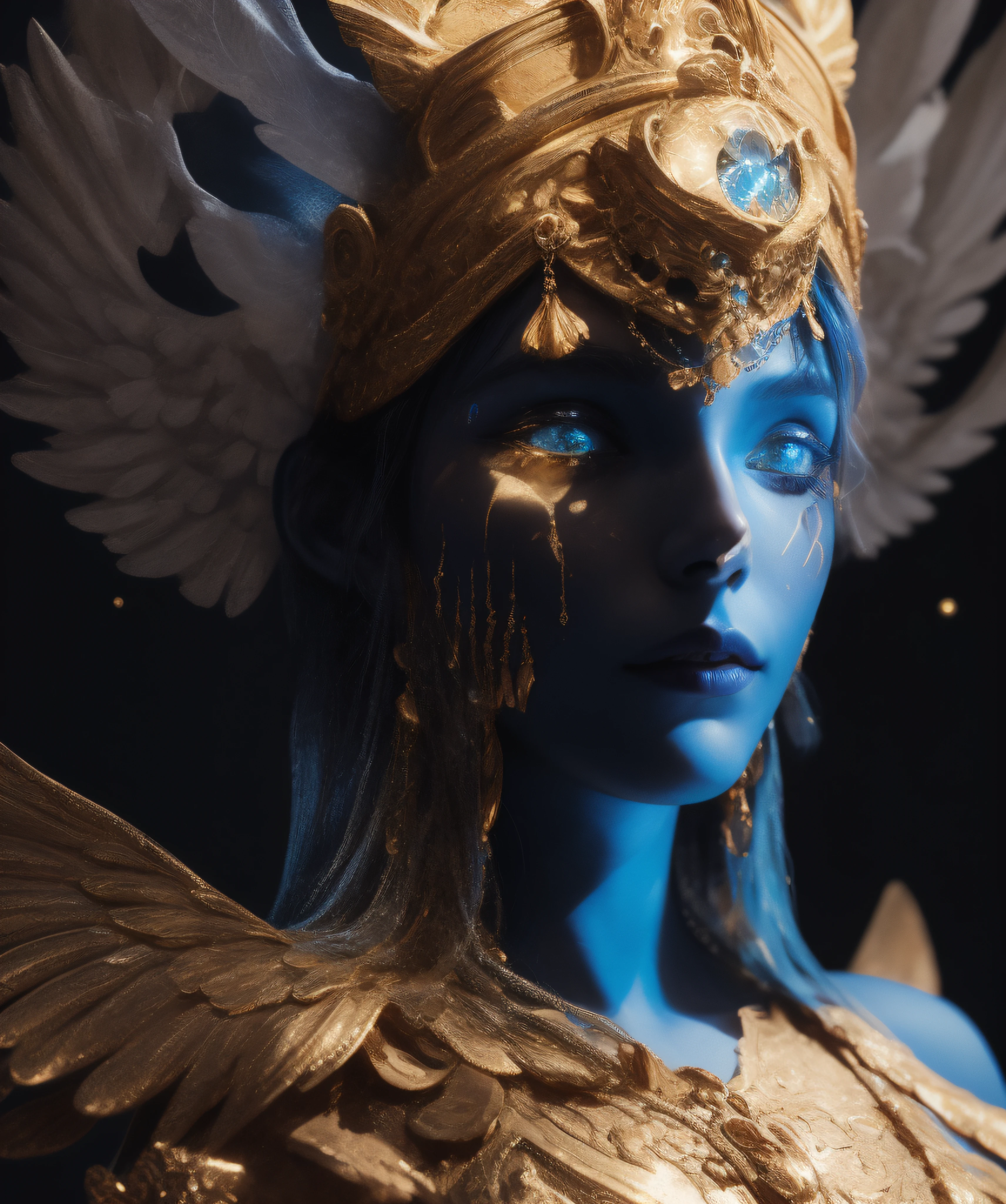 arafed image of a woman with a golden headdress and wings, portrait of a cosmic goddess, portrait of male humanoid, god. dramatic gold blue lighting, hyperdetailed fantasy character, portrait of a cosmic entity, goddess. extremely high detail, glowing blue face, goddess close-up portrait, portrait of a cosmic god, portrait of a digital shaman