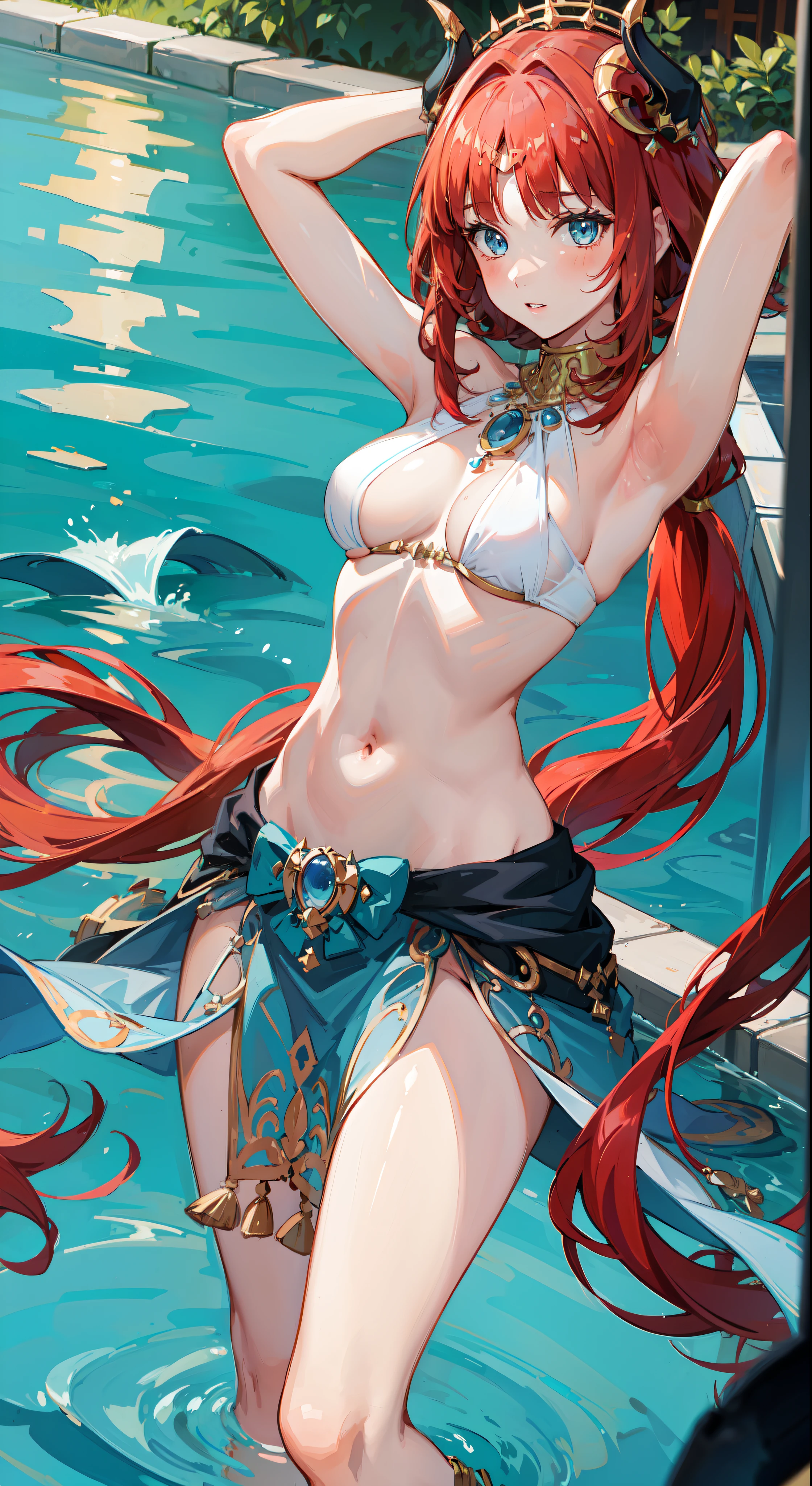 nilou, red hair, long hair, blue eyes, gown, skirt, slim legs, navel, happy, cleavage, bend over, pool