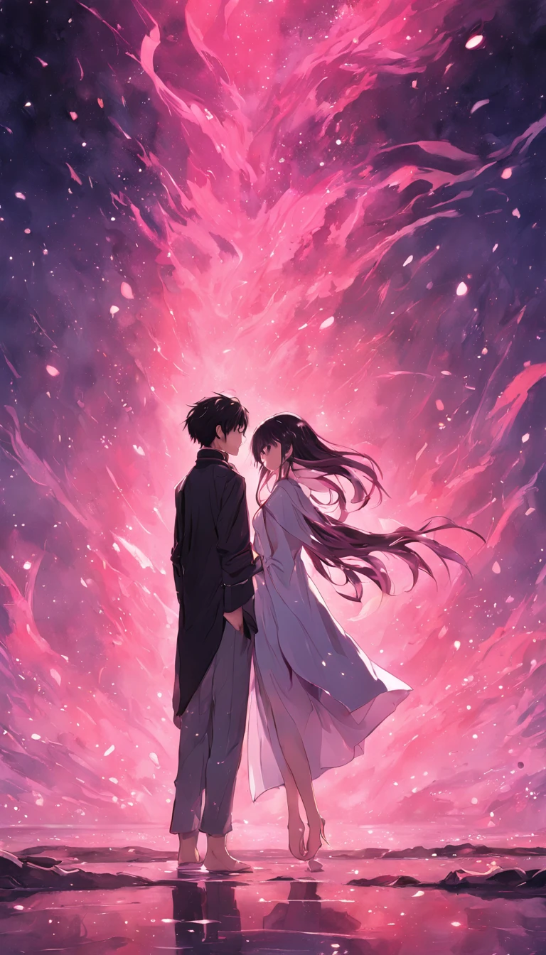 couple，Look at each other，Handsome men and beautiful women，Girls shawl long hair，Pink dress，Short black hair for boys，black shirt，night scene，Urban men and women，optic，The atmosphere is exquisite，Clear facial features，Detail optimization，Hand optimization