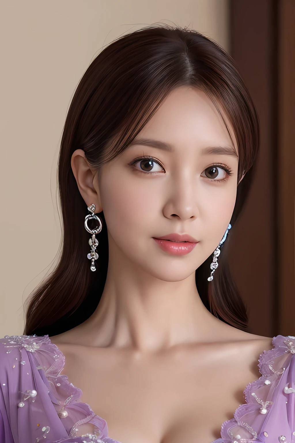 masutepiece, Best Quality, extremely detailed 8K, Ultra HD, Ultra-detailed, Highly detailed, ultra high realistic, Ultra-realistic, hyper realisitic, Hyper-Realism, Graceful woman with bust in purple dress, Pearl Hanging Earrings, in 8K, Best Quality