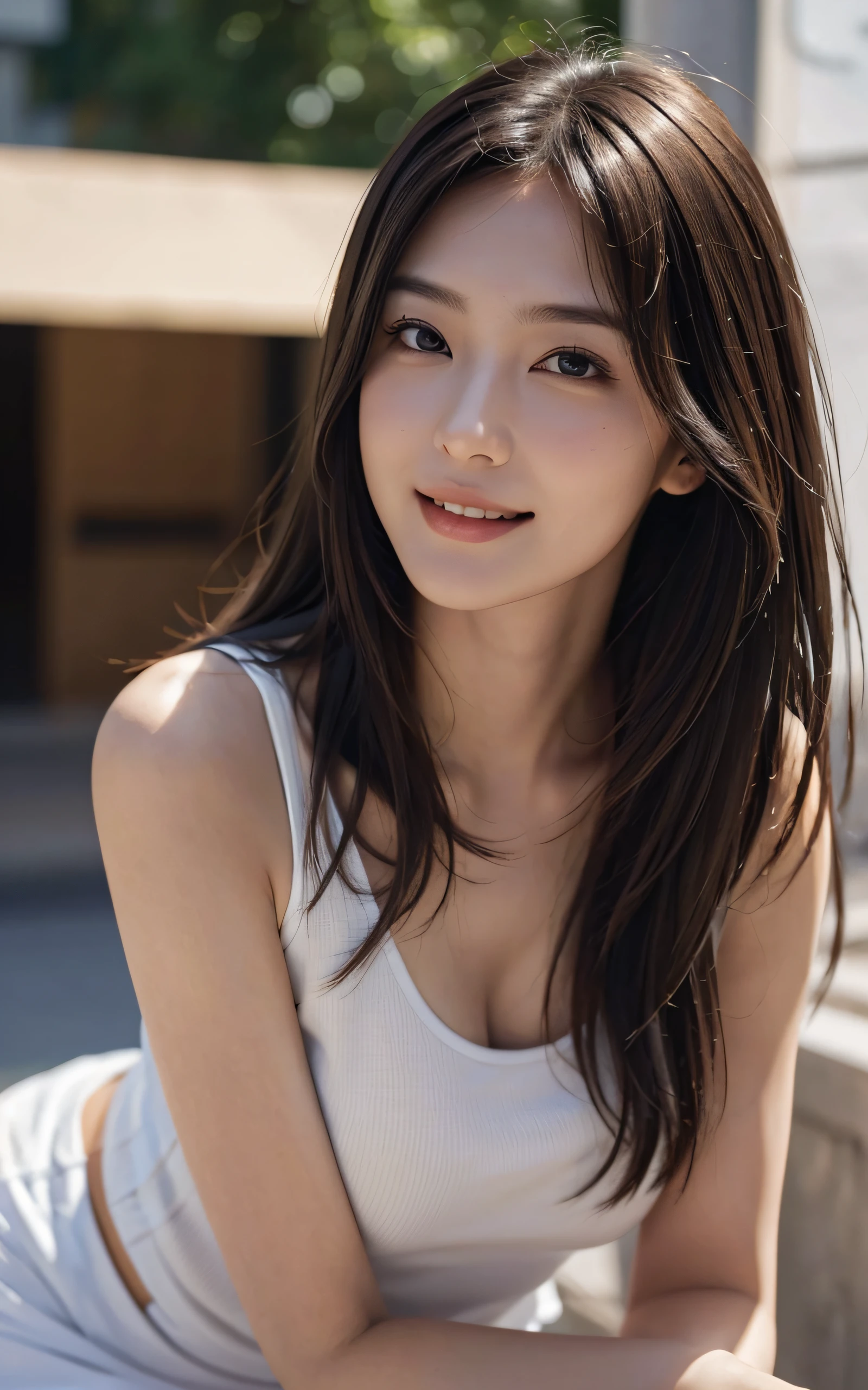 masutepiece, The highest image quality, High quality, Beautiful woman, Japanese, Detailed, Detailed eyes, Detailed skin, Beautiful skin, Ultra High Resolution, (reality: 1.4),Very beautiful, Slightly younger face, Beautiful skin, slender, (A hyper-realistic), (hight resolution), (8K), (Very detailed) (beautifully detailed eyes), (super detailed), Tank top, Skirt, (Wallpaper), (Detailed face), Looking at Viewer, Fine details, Detailed face, Smiling, Looking straight ahead, Looking straight ahead, angle from waist up, photos realistic, Bright lighting, Professional Lighting, Mature Woman, Brown hair, Shoulder-length straight hair swaying in the wind, long stylish bangs,
