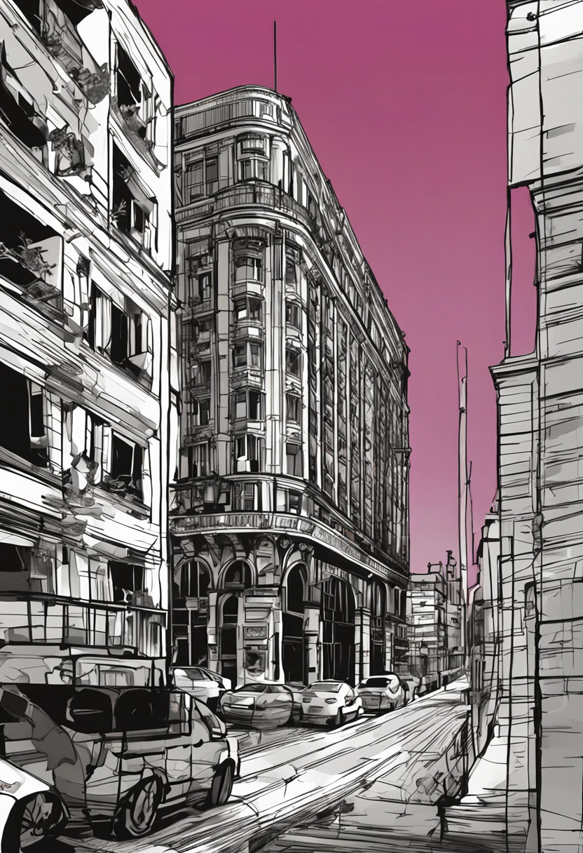 Color de fondo: Una paleta de colores oscuros, predominando tonos grises y negros, with bluish undertones to accentuate the mysterious atmosphere.
Imagen central: An illustration or photograph of the Lucerne building, BUENOS AIRES , ARGENTINA. Debe ser una vista angular desde abajo hacia arriba, capturing its majesty and antiquity. Las ventanas del edificio tienen luces tenues, and one or two windows are fully lit, sugiriendo actividad o presencia dentro.
sombras: Siluetas de tres personajes (Carlos, Elisa y Gerardo) parados en un pasillo oscuro, with an antique lamp hanging above, arrojando luz sobre ellos. En la mano de Elisa, The silhouette of a revolver is barely visible.