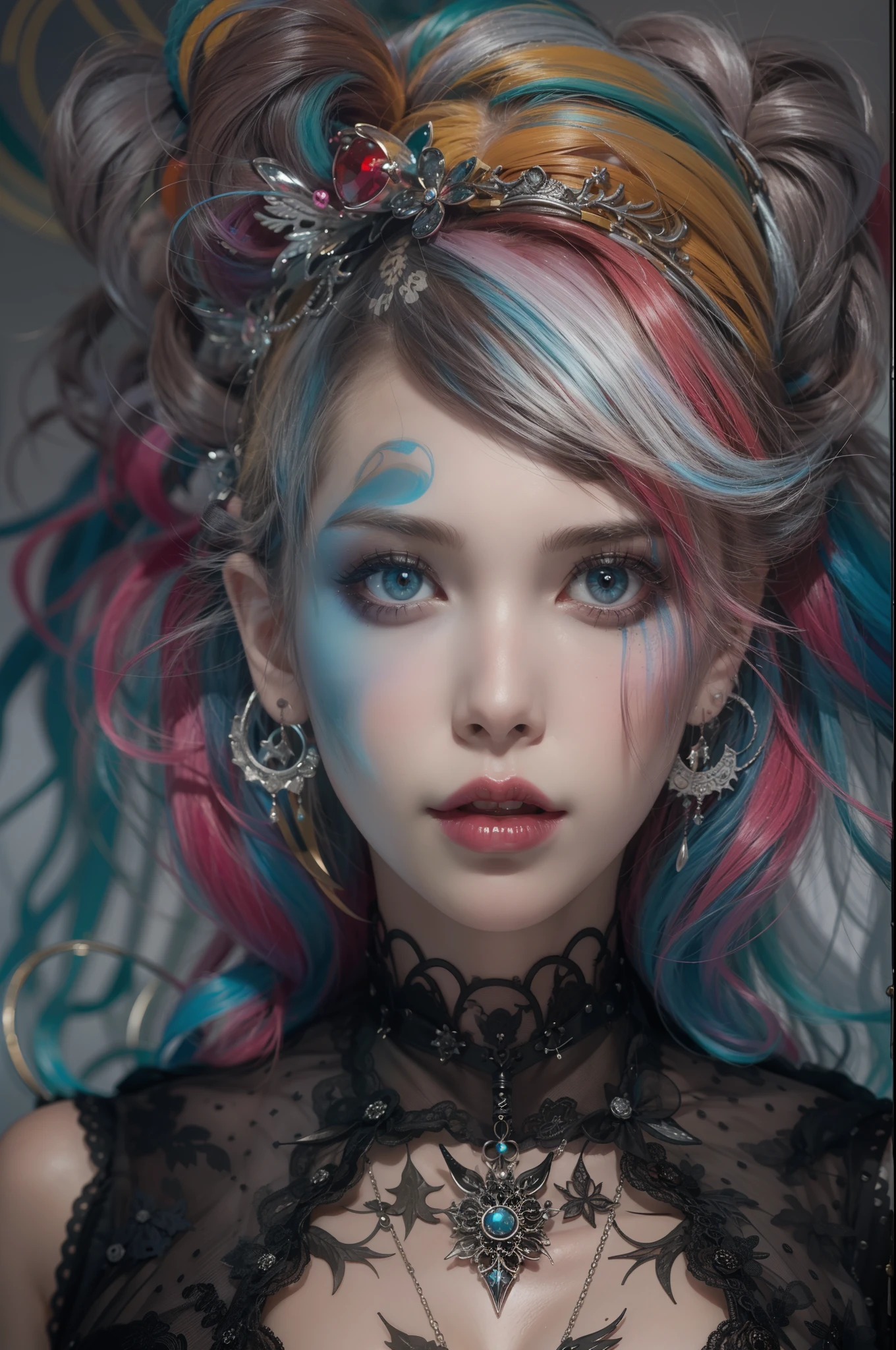 En un hermoso parque una mujer de aspecto moderno. It has a very colorful and striking kawaii gothic style.., con un maquillaje elegante y una peluca colorida.