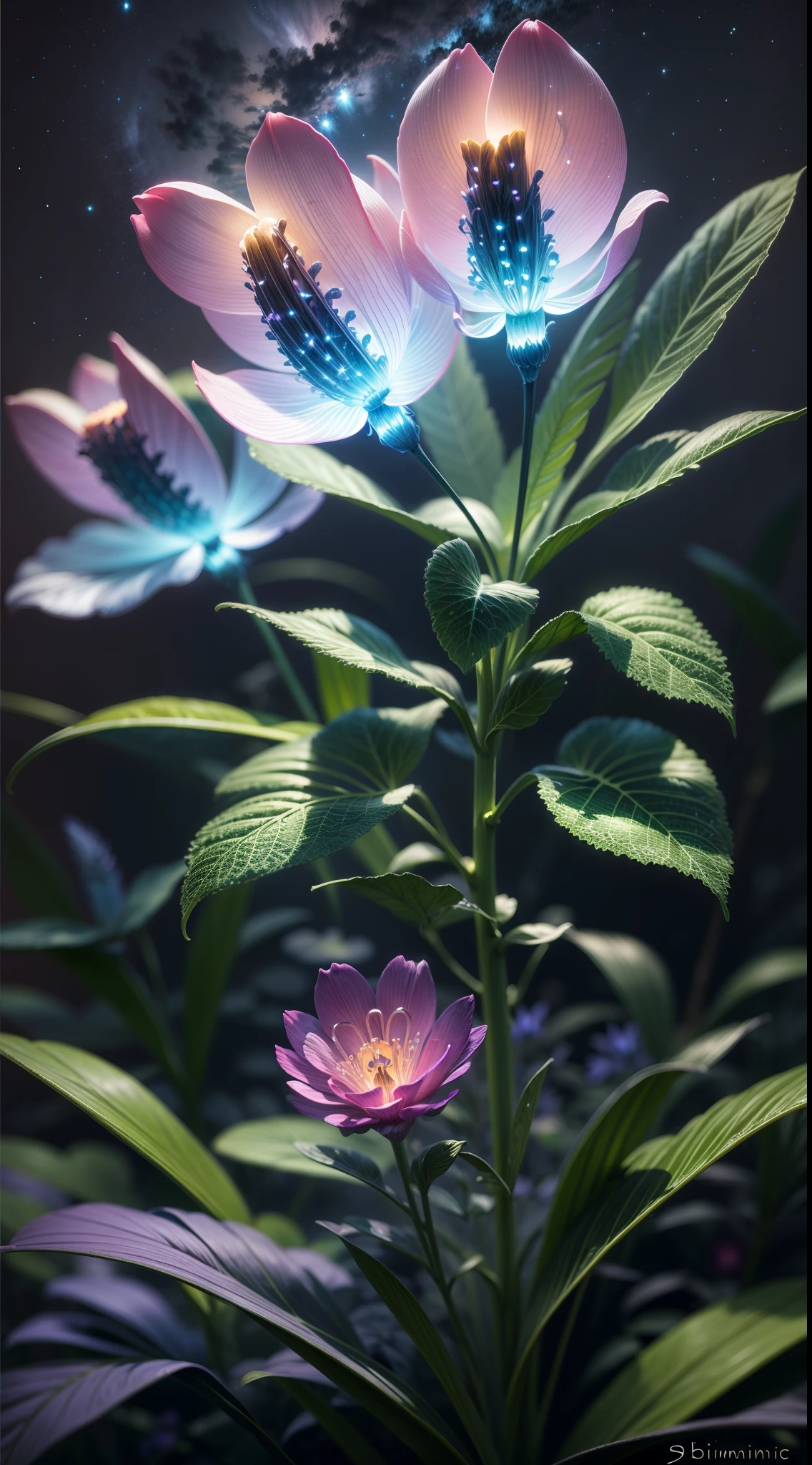 bioluminescence, flowers, night, sky