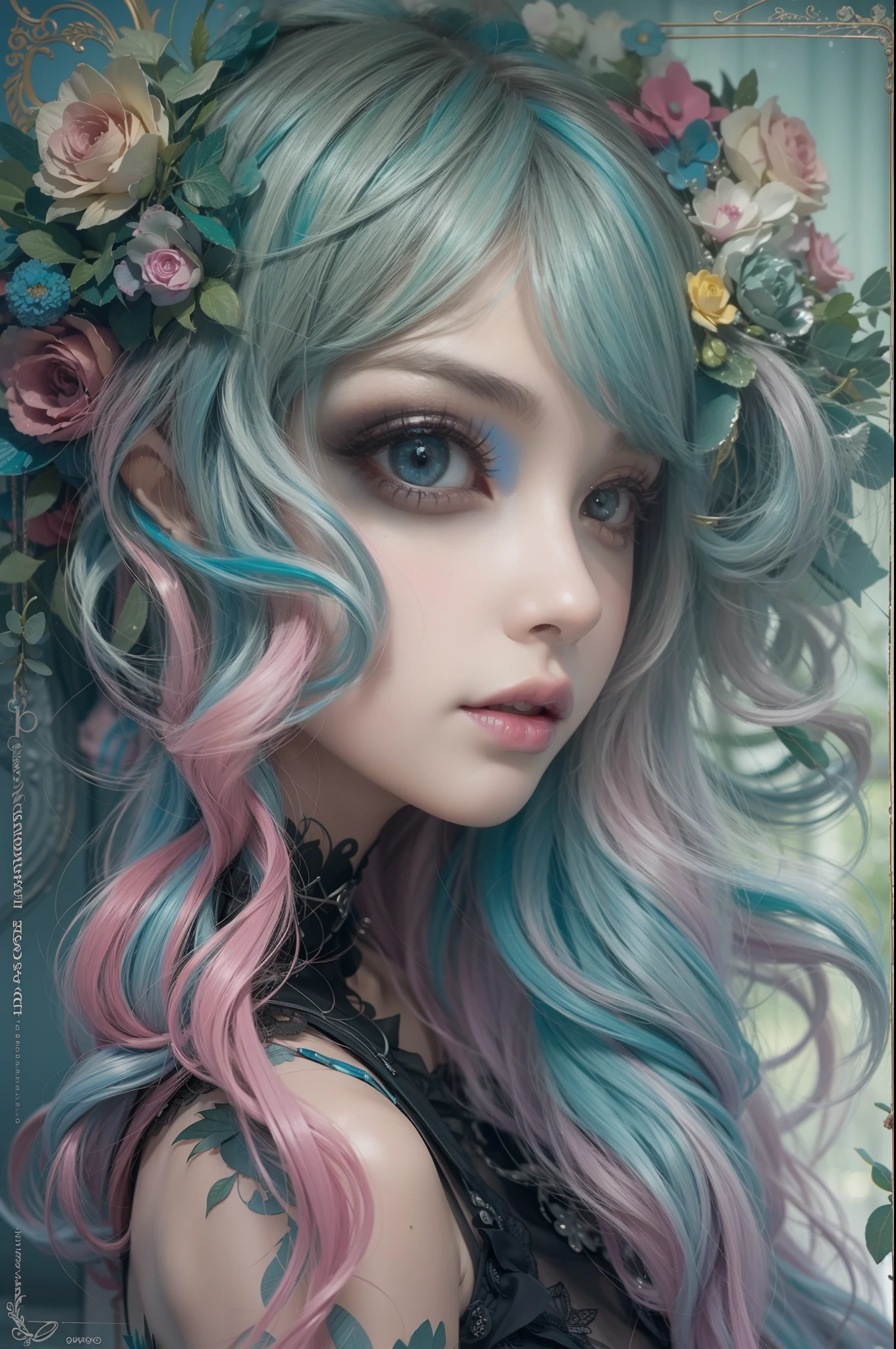 En un hermoso parque una mujer de aspecto moderno. It has a very colorful and striking kawaii gothic style.., con un maquillaje elegante y una peluca colorida.