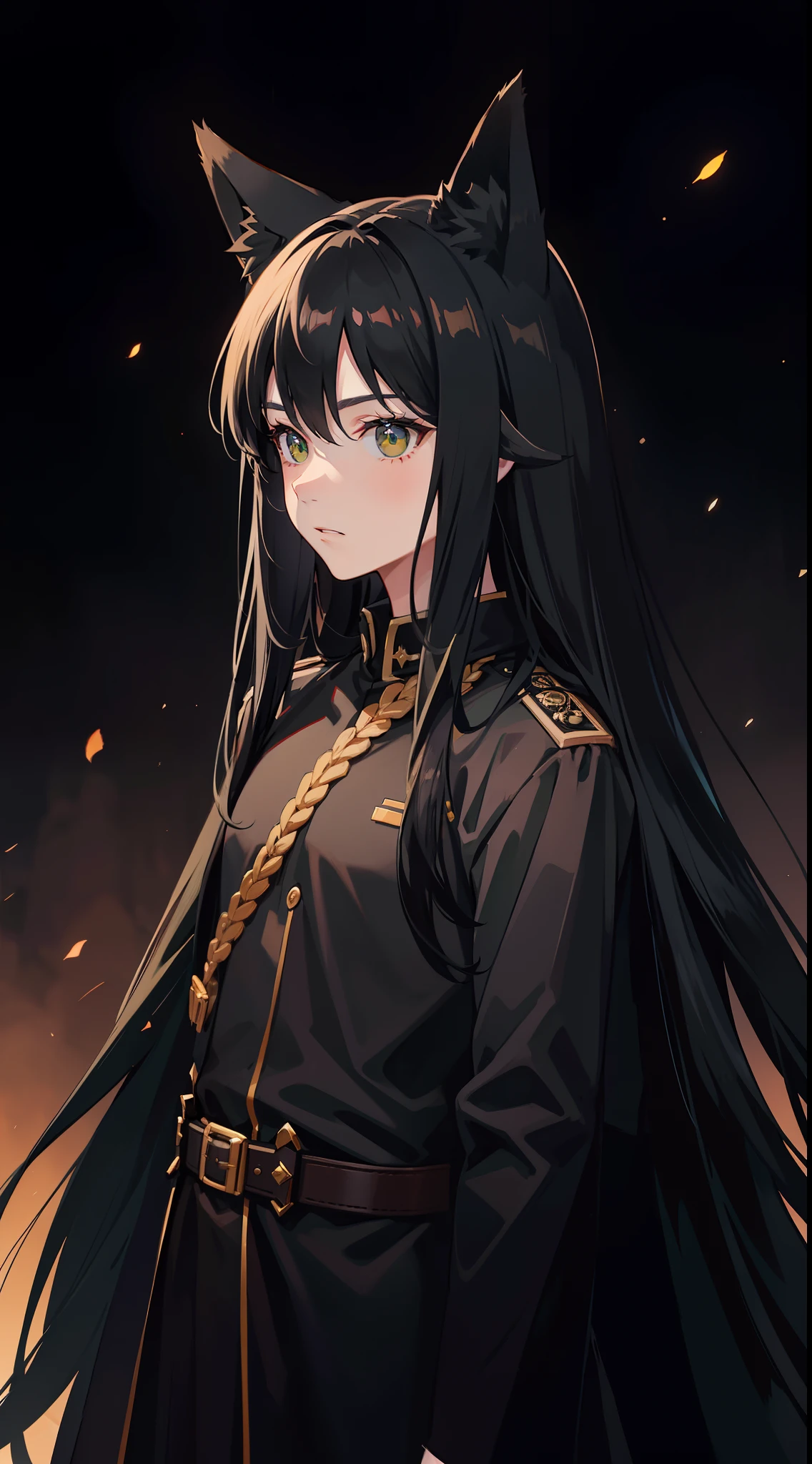 adult man, Long black hair, Fox ears, Green eyes, Black general's uniform, Masterpiece, hiquality