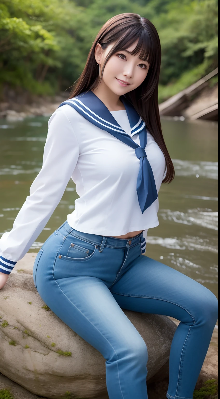 a pregirl,Thirty year old, ssmile, looking at viewert,Soaked sailor's uniform,skintight jeans, photore, realisticlying, Best quality at best, employee, 详细的脸, Sitting on a large rock in the middle of the forest, There is a river
