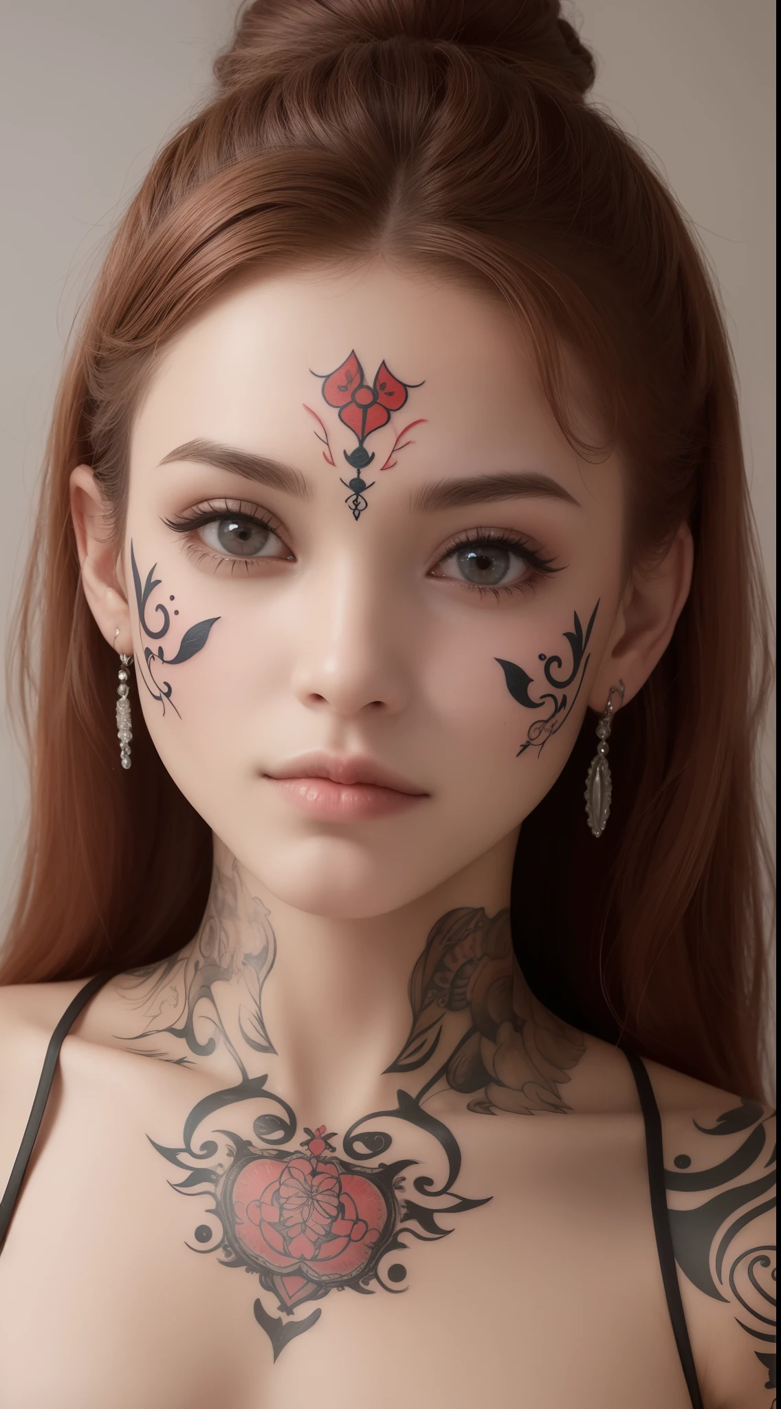 1 closeup de uma garota 18 anos, olhos pintados ((venda nos olhos )), tatuada no rosto todo (wear a carnival mask ) ((ruiva)), ((cabelo curto e liso com franja)), sorrindo,((with various tattoos on his face)),( fleshy lips)olhos grandes,sardas no rosto ,batom vermelho,( pircing on the lip),colar, brinco, e maquiagem, Angle of the face up close, Looking at camera