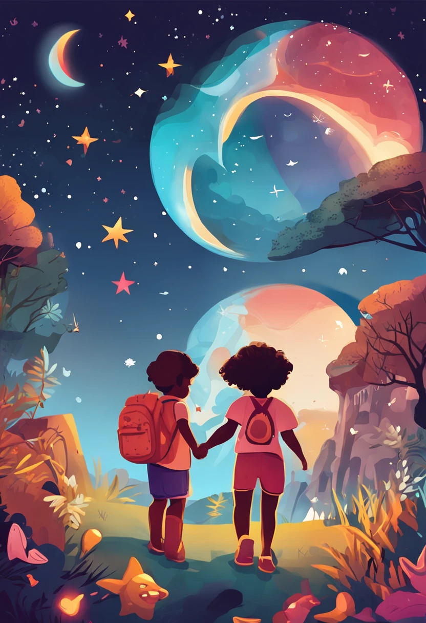 "Crie uma imagem com uma atmosfera encantadora e infantil. Na imagem, inclua dois personagens, both exploring a nighttime scenery filled with wonders. Add a starry sky with smiling stars, and place a friendly moon watching the scene with an affectionate gaze. Ademais, Insert a translucent spirit, Friendly and bright looking, as a magical guide on the characters' nightly journey. Use a palette of soft and vibrant colors to create a cheerful and magical environment, Perfectly suited for children. Let your creativity flow and capture the sense of adventure and mystery.