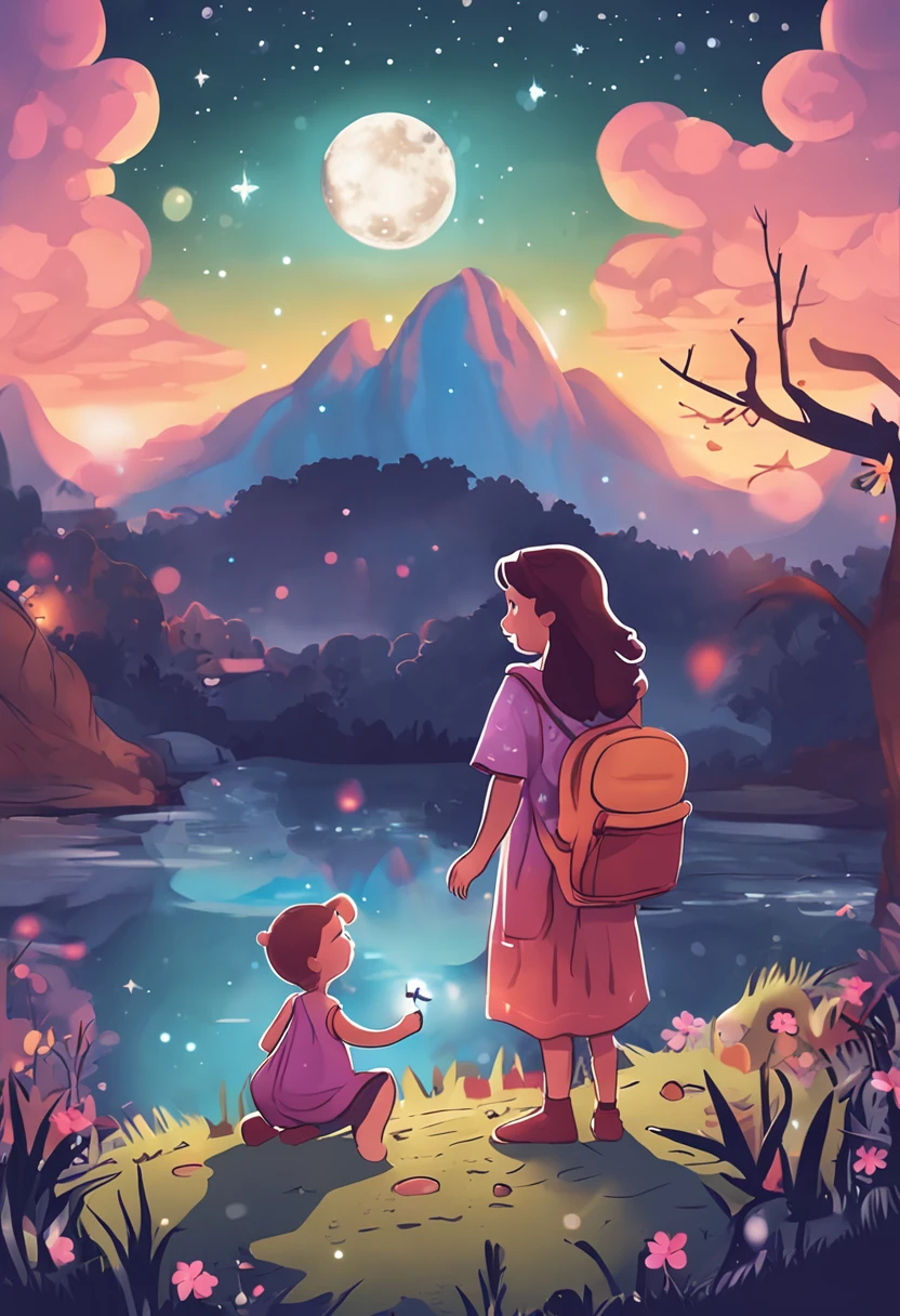 "Crie uma imagem com uma atmosfera encantadora e infantil. Na imagem, inclua dois personagens, both exploring a nighttime scenery filled with wonders. Add a starry sky with smiling stars, and place a friendly moon watching the scene with an affectionate gaze. Ademais, Insert a translucent spirit, Friendly and bright looking, as a magical guide on the characters' nightly journey. Use a palette of soft and vibrant colors to create a cheerful and magical environment, Perfectly suited for children. Let your creativity flow and capture the sense of adventure and mystery.