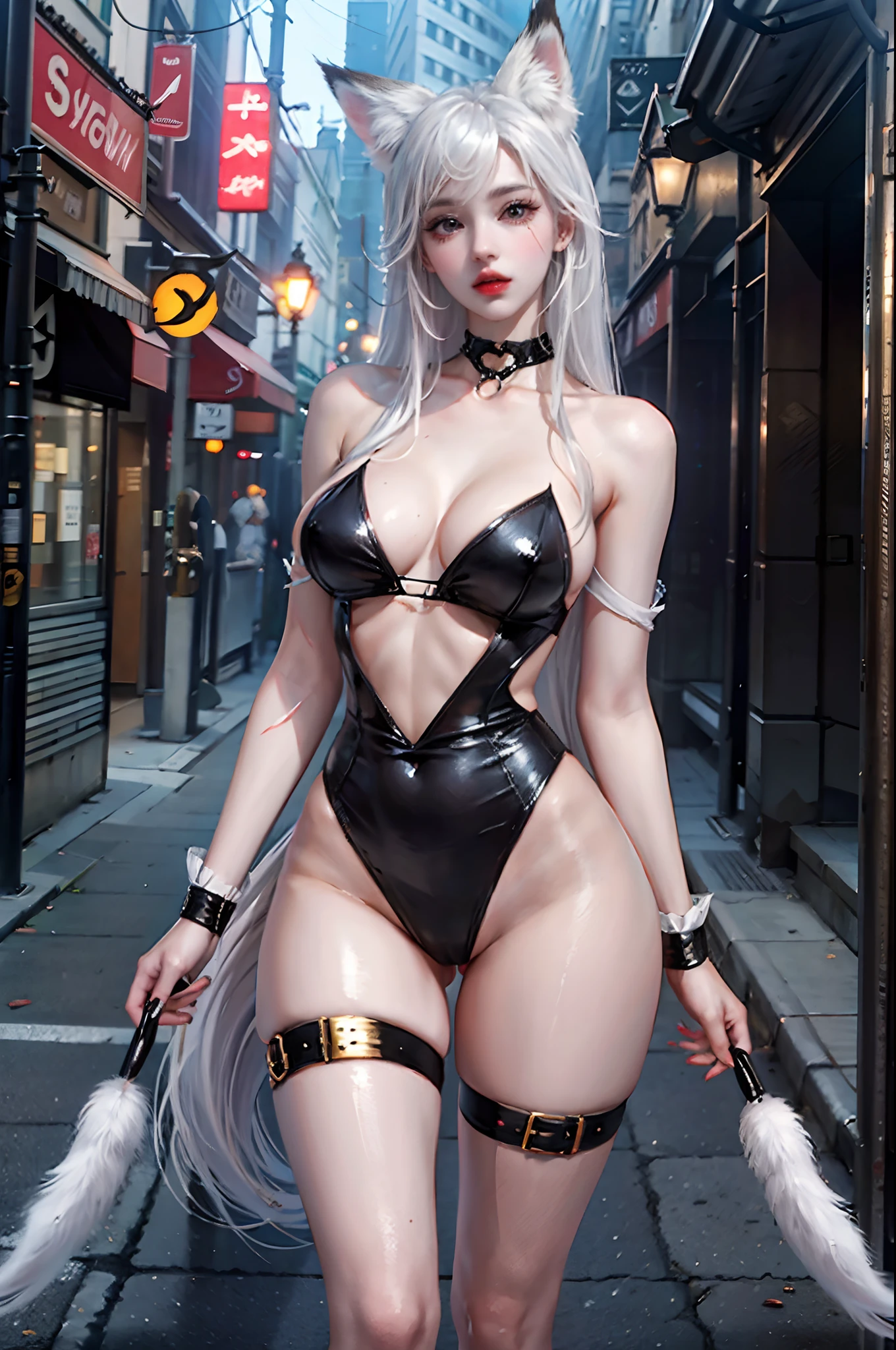 ulzzang-6500, (8k, RAW photo:1.2), ((puffy eyes)), best quality, ultra high res, (photorealistic:1.3), POV ,(solo:1.1), (1girl:1.1),(sliver cosplay fox ear:1.3), (sliver cosplay fox tail:1.3), (naked:1.3), big boobs, (small nipple:0.8), (noble:1.3), (pale skin:1.2),(parted lips:1.1), (eyelashes:1.1), (happy:1.21), (depth of field:1.1), rendering,  cover toe heels, girl standing in street