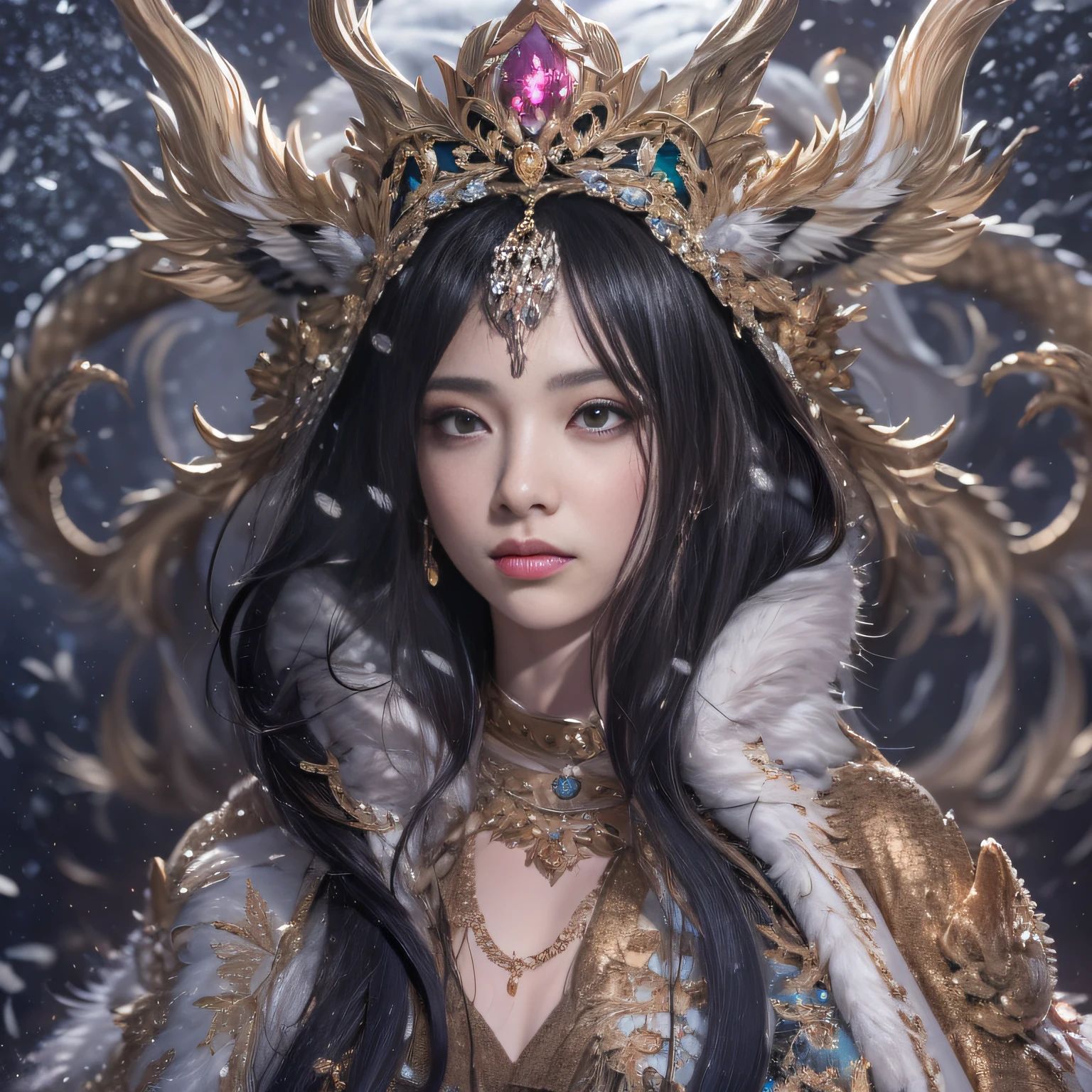 32k(tmasterpiece,k hd,hyper HD,32k)Long flowing black hair,Jewelry quarter in the back room,Brunette king girl ,Silver Dragon Protector (realisticlying:1.4),Python pattern robe,Purple-pink tiara,Snowflakes fluttering,The background is pure,Hold your head high,Be proud,The nostrils look at people, A high resolution, the detail, RAW photogr, Sharp Re, Nikon D850 Film Stock Photo by Jefferies Lee 4 Kodak Portra 400 Camera F1.6 shots, Rich colors, ultra-realistic vivid textures, Dramatic lighting, Unreal Engine Art Station Trend, cinestir 800,Hold your head high,Be proud,The nostrils look at people