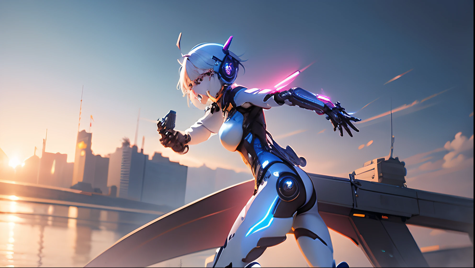 anime girl in futuristic outfit battle posing in urban setting, cute cyborg girl, girl in mecha cyber armor, cyborg - girl with silver hair, cyberpunk anime girl mech, beutiful girl cyborg, cyborg girl, perfect anime cyborg woman, oppai cyberpunk, inspired by Marek Okon, echo from overwatch, beautiful alluring female cyborg, digital cyberpunk anime art, cybersuit, posing battle style, ready for battle, with gun, gun in hands, explosion background