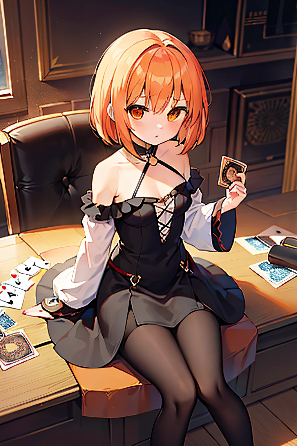 masterpiece, best quality, 1girl, solo, orange hair, short hair, shoulder-length hair, straight hair, orange eyes, round eyes, black dress, long sleeves, frilled, ((holding a trump card)), in the room, ((sitting on the chair)), (((with many trump cards on the table))), dark, many mirrors, broken mirrors, ((detail face))