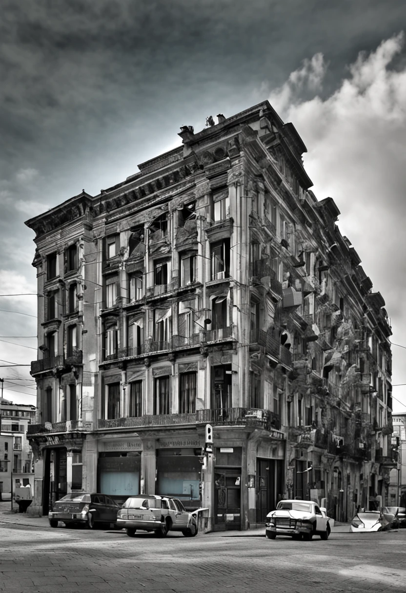 portada para libro, Color de fondo: Una paleta de colores oscuros, predominando tonos grises y negros, with bluish undertones to accentuate the mysterious atmosphere. Imagen central: A color illustration, o photograph of the building in Lucerne, cuatro pisos, BUENOS AIRES , ARGENTINA. Debe ser una vista angular desde abajo hacia arriba, capturing its majesty and antiquity. Las ventanas del edificio tienen luces tenues, and one or two windows are fully lit, sugiriendo actividad o presencia dentro. sombras: Siluetas de tres personajes (Carlos, Elisa y Gerardo) parados en un pasillo oscuro, with an antique lamp hanging above, arrojando luz sobre ellos. En la mano de Elisa, The silhouette of a revolver is barely visible.