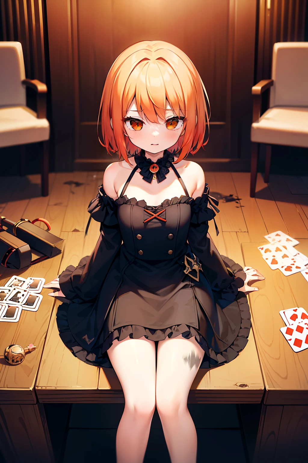 masterpiece, best quality, 1girl, solo, orange hair, short hair, shoulder-length hair, straight hair, orange eyes, round eyes, black dress, long sleeves, frilled, ((holding a trump card)), in the room, ((sitting on the chair)), (((with many trump cards on the table))), dark, many mirrors, broken mirrors, ((detail face))