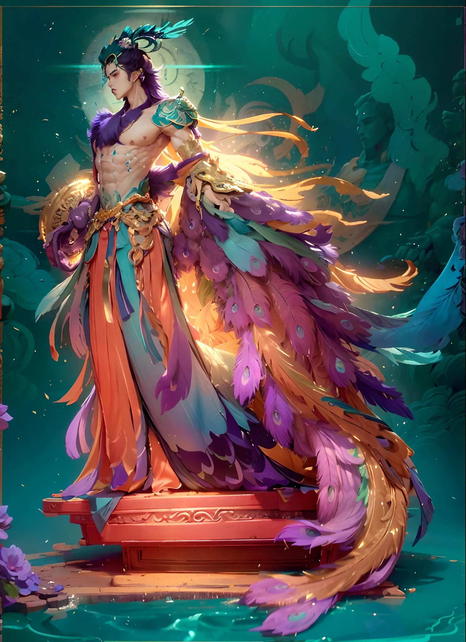 Sculpture design,Figures,GK model,The whole body of the character,base,sexy for,Peacock feathers,Handsome,(Exposing the pectoral muscles)Expose muscles,base,Wu Yifan,musculous,Delicate and sophisticated,blue colors,purpleish color,Green feathers