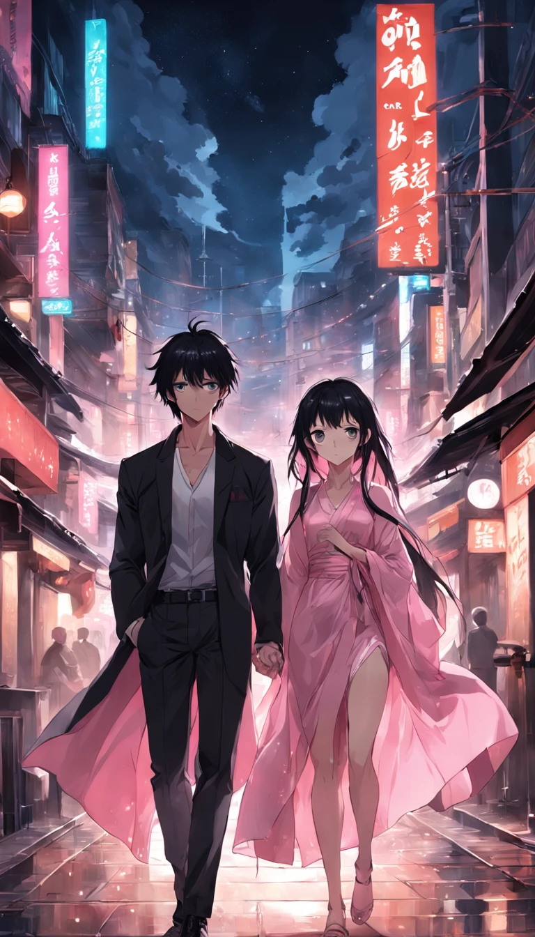 couple，Look at each other，Handsome men and beautiful women，Girls shawl long hair，Pink dress，Short black hair for boys，black shirt，night scene，Urban men and women，optic，The atmosphere is exquisite，Clear facial features，Detail optimization，Hand optimization