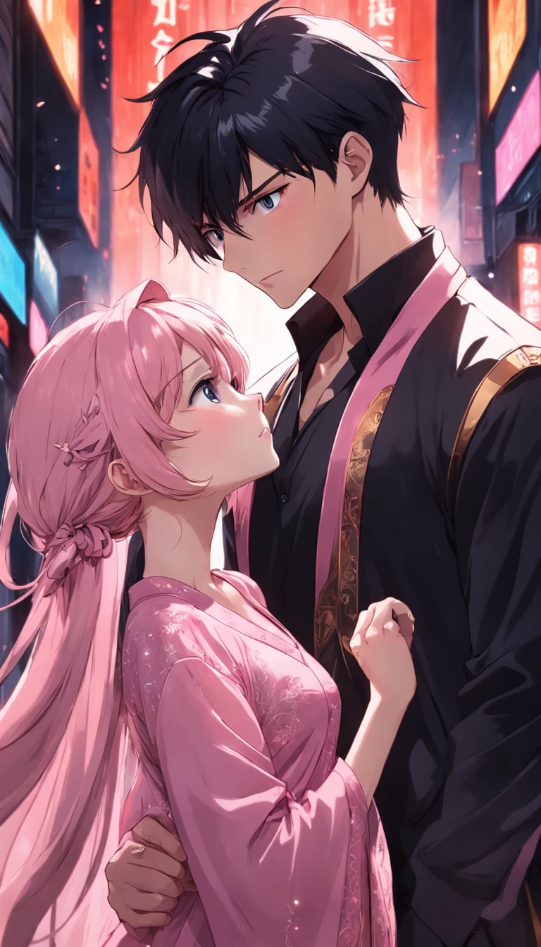 couple,Look at each other,Handsome men and beautiful women,Girls shawl long hair,Pink dress,Short black hair for boys,black shirt,night scene,Urban men and women,optic,The atmosphere is exquisite,Clear facial features,Detail optimization,Hand optimization