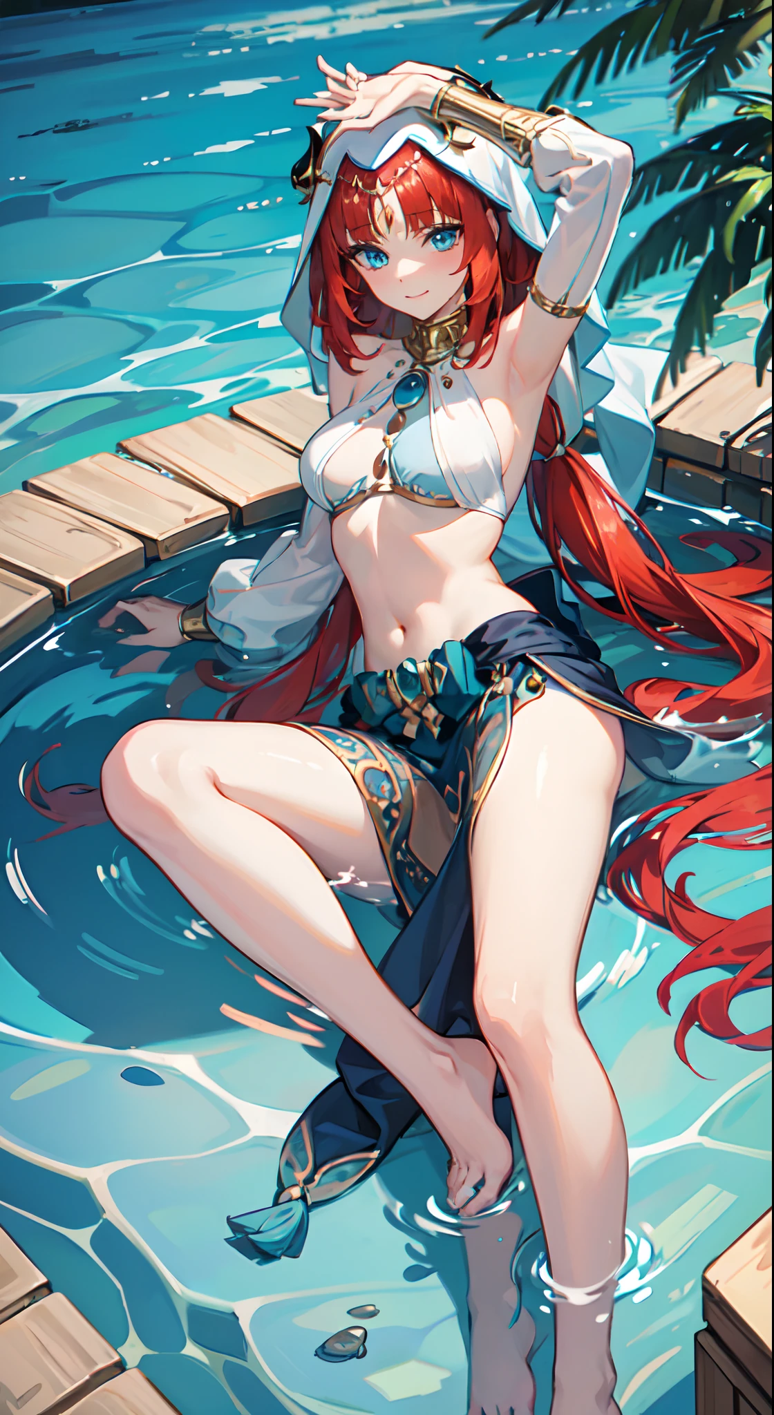 nilou, red hair, long hair, blue eyes, gown, skirt, slim legs, navel, happy, cleavage, bend over, pool