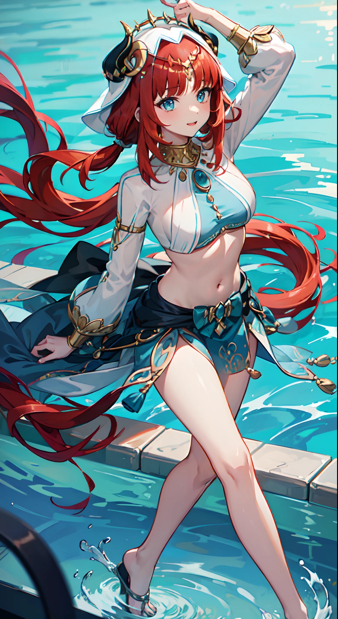 nilou, red hair, long hair, blue eyes, gown, skirt, slim legs, navel, happy, cleavage, bend over, pool
