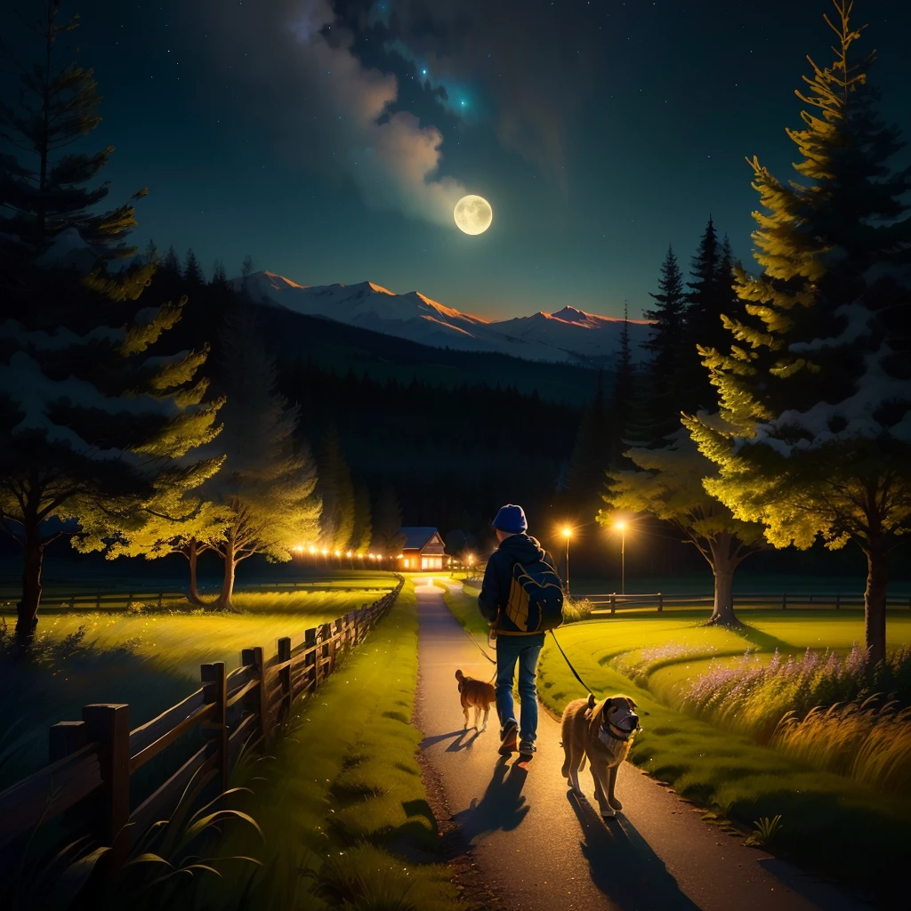 In tranquility,beautiful night,Toddler walking with puppy on green meadow
