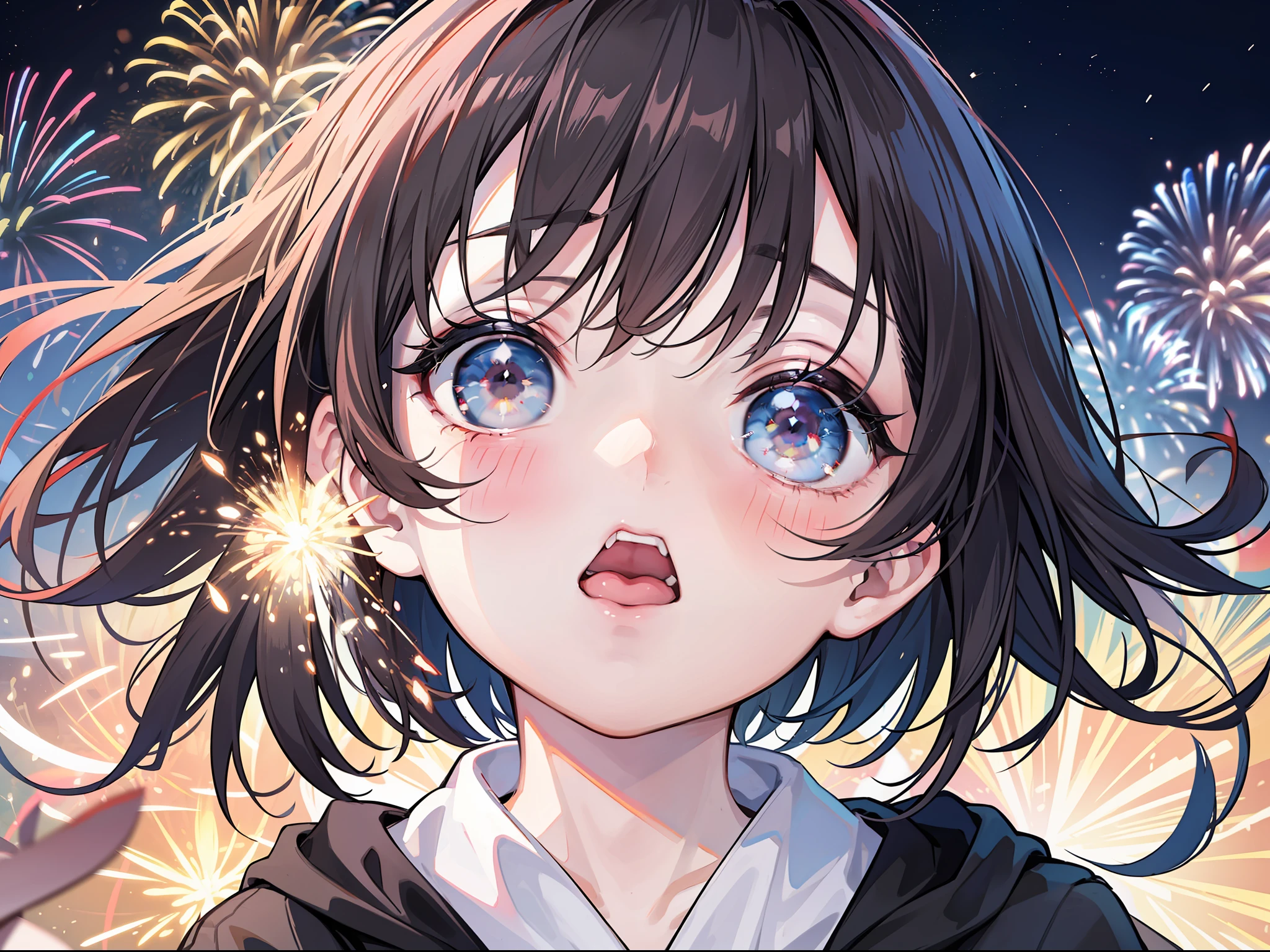 Close-up portrait of a child's face looking up at fireworks seen for the first time with his mouth open、Big Eye Fireworks。Eye focus