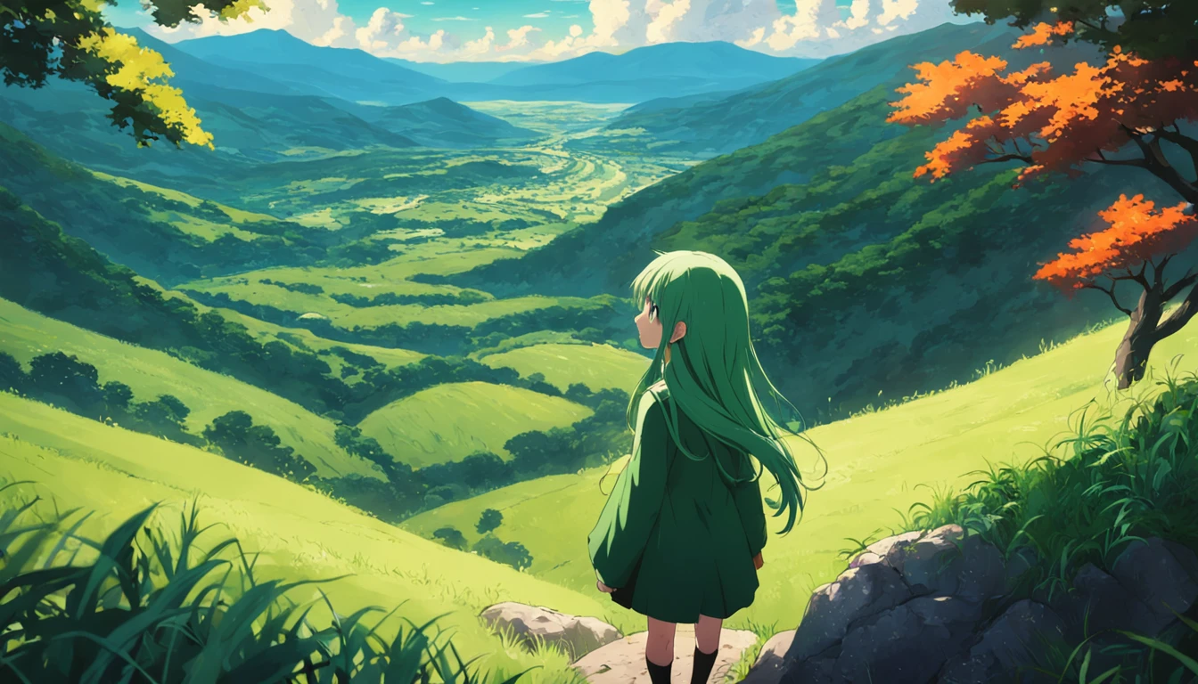 garota observando uma paisagem verde
