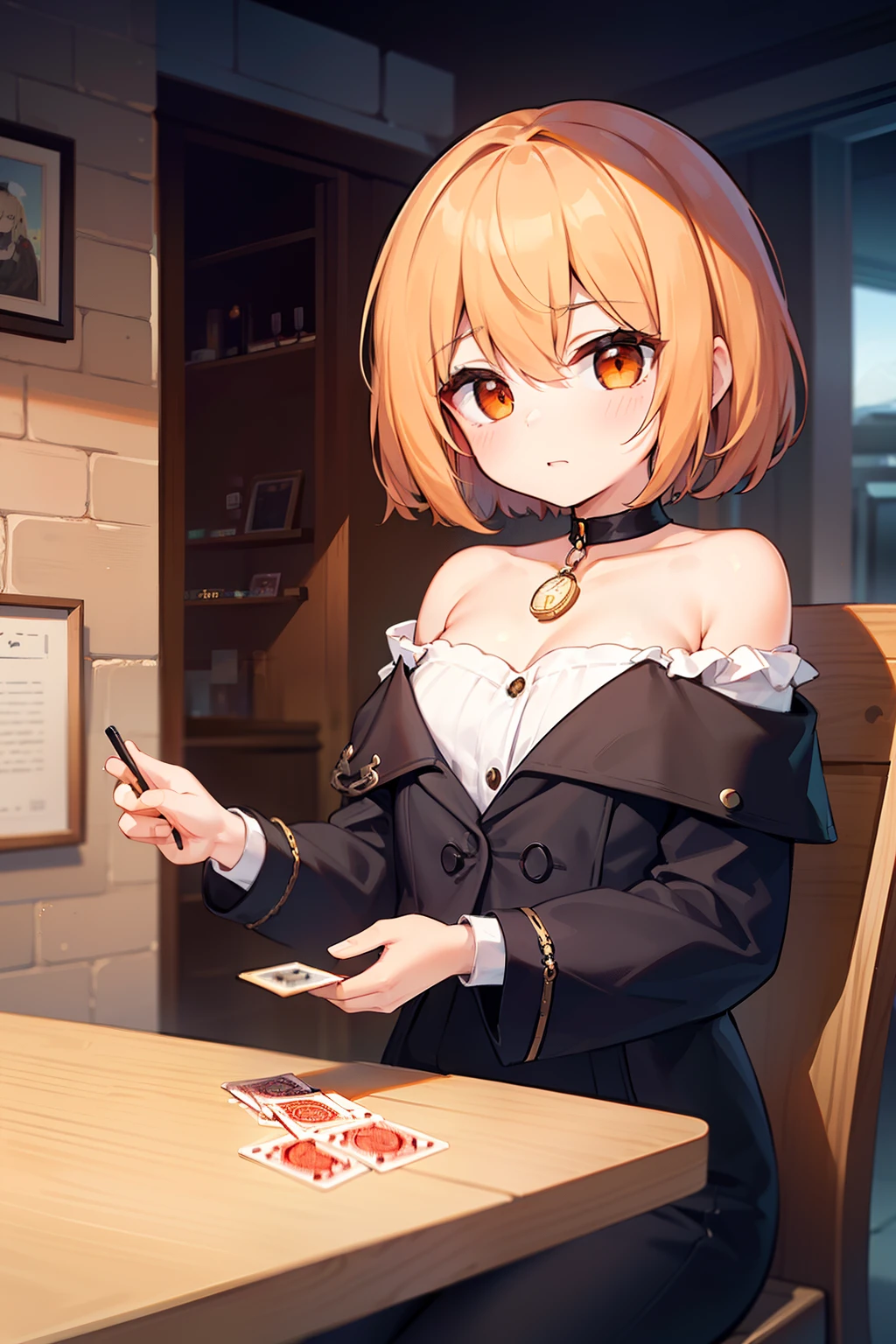 masterpiece, best quality, 1girl, solo, orange hair, short hair, shoulder-length hair, straight hair, orange eyes, round eyes, black dress, long sleeves, frilled, ((holding a trump card)), in the room, ((sitting on the chair)), (((many ????? cards on the table))), (((a pocket watch on the table))), dark, many mirrors, broken mirrors, ((detail face))