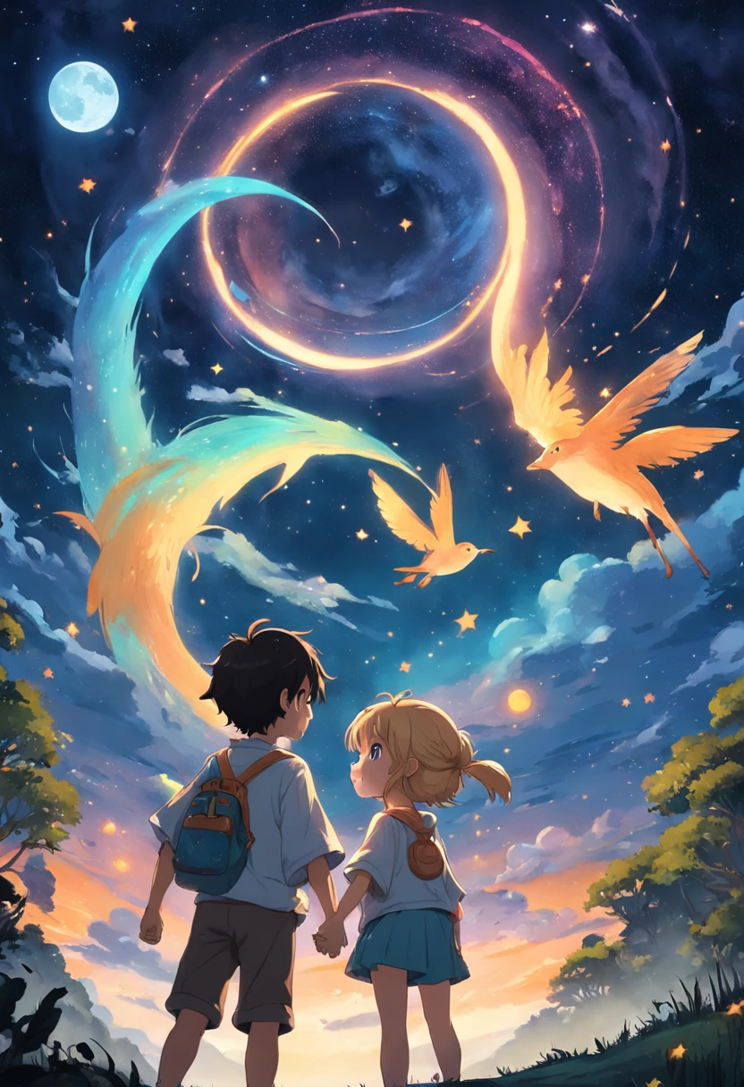 "Crie uma imagem com uma atmosfera encantadora e infantil. Na imagem, inclua dois personagens, um chamado Lucas e o outro chamado Greg, both exploring a nighttime scenery filled with wonders. Add a starry sky with smiling stars, and place a friendly moon watching the scene with an affectionate gaze. Ademais, Insert a translucent spirit, Friendly and bright looking, as a magical guide on the characters' nightly journey. Use a palette of soft and vibrant colors to create a cheerful and magical environment, Perfectly suited for children. Let your creativity flow and capture the sense of adventure and mystery.