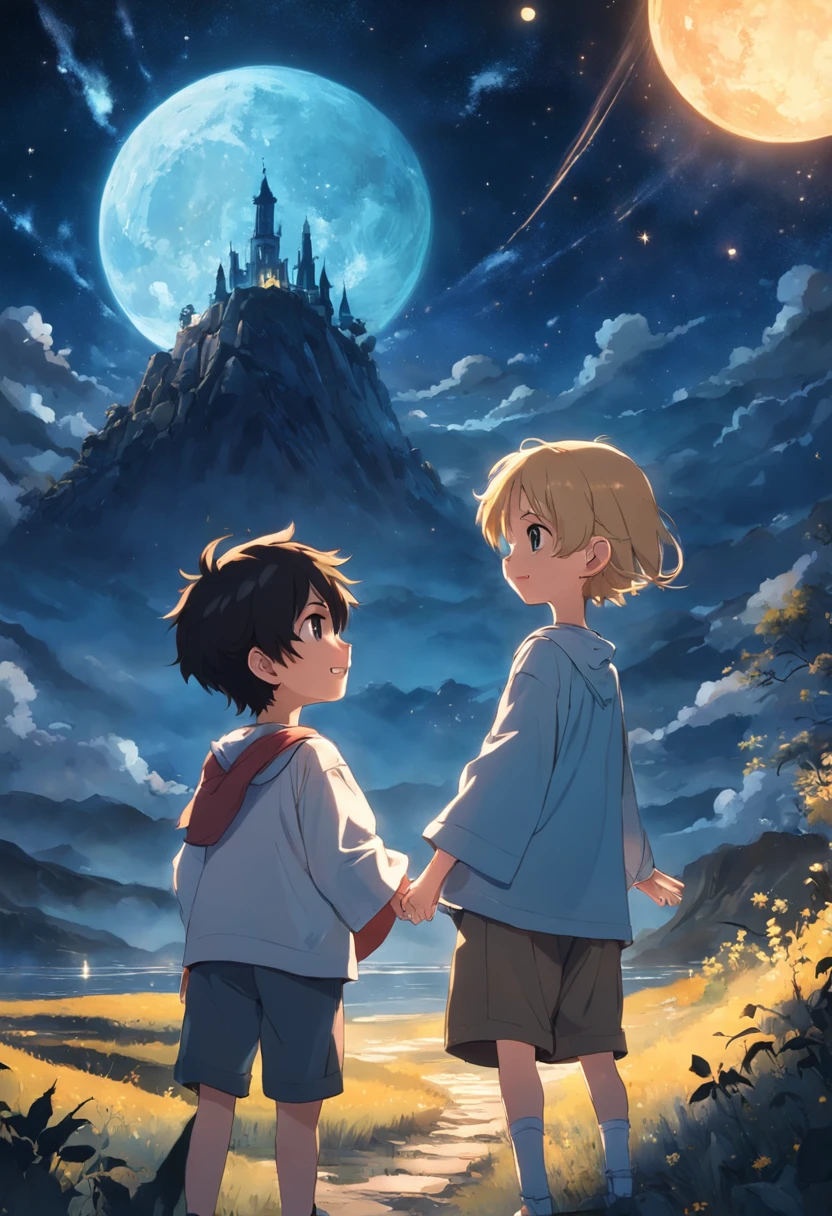 "Crie uma imagem com uma atmosfera encantadora e infantil. Na imagem, inclua dois personagens, um chamado Lucas e o outro chamado Greg, both exploring a nighttime scenery filled with wonders. Add a starry sky with smiling stars, and place a friendly moon watching the scene with an affectionate gaze. Ademais, Insert a translucent spirit, Friendly and bright looking, as a magical guide on the characters' nightly journey. Use a palette of soft and vibrant colors to create a cheerful and magical environment, Perfectly suited for children. Let your creativity flow and capture the sense of adventure and mystery.