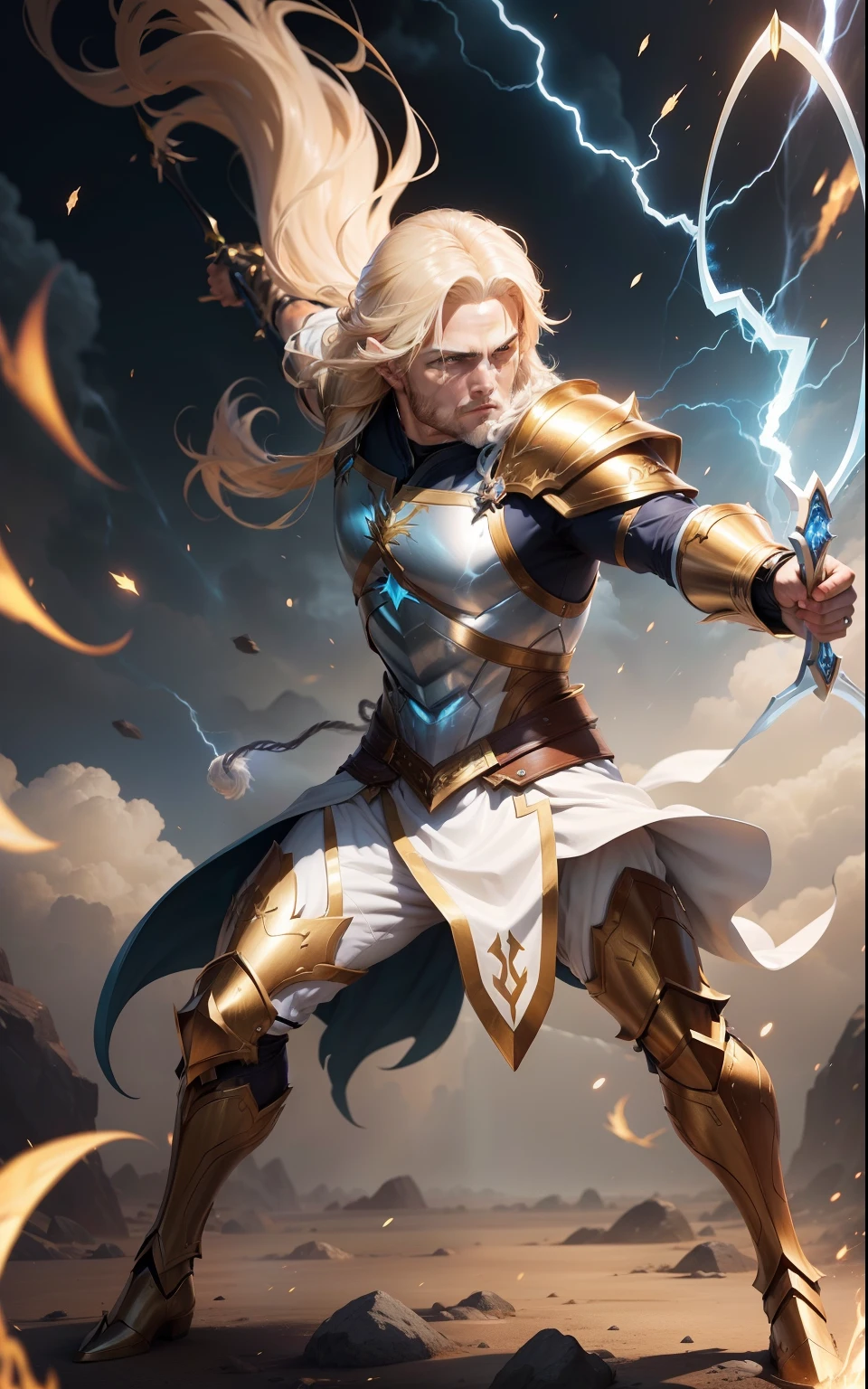 Man with bow Fantasy Action Armor Golden Hair Full Body White Blue Rays Action Background Add Golden Armor Improve Add Archer White Beast Lightning Effects, Lightning eyes