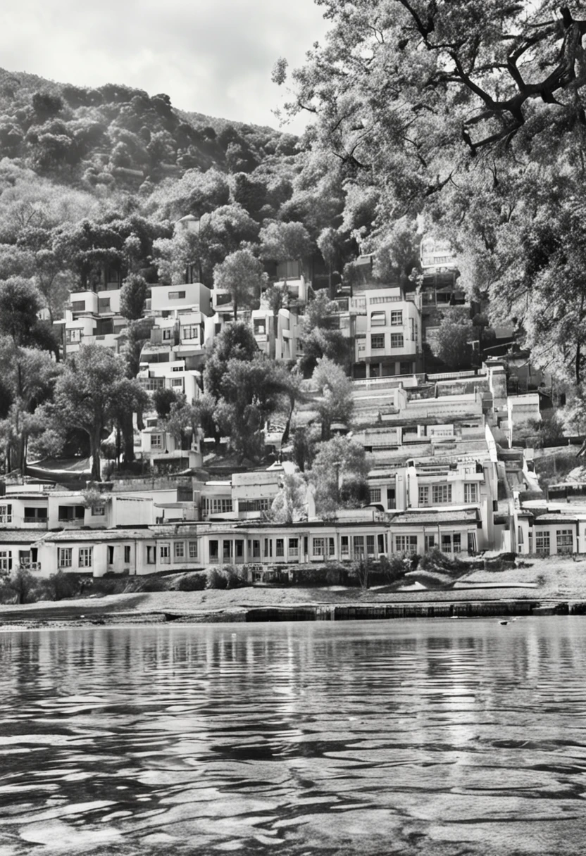 School teaching building，mountain water，black andwhite