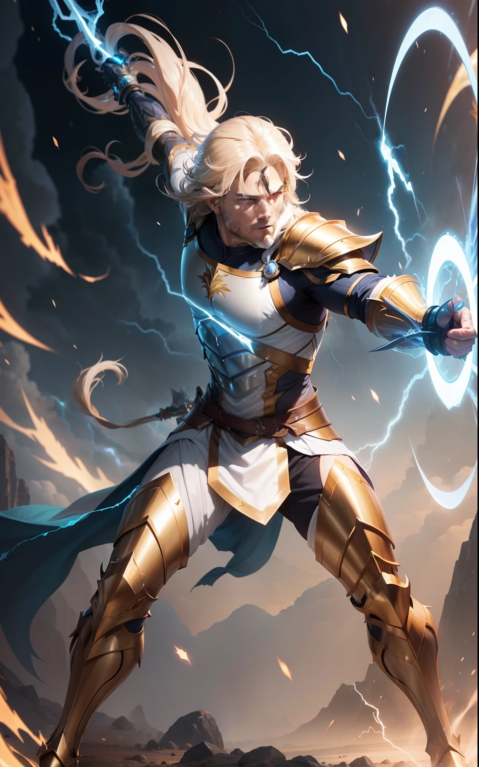 Man with bow Fantasy Action Armor Golden Hair Full Body White Blue Rays Action Background Add Golden Armor Improve Add Archer White Beast Lightning Effects, Lightning eyes