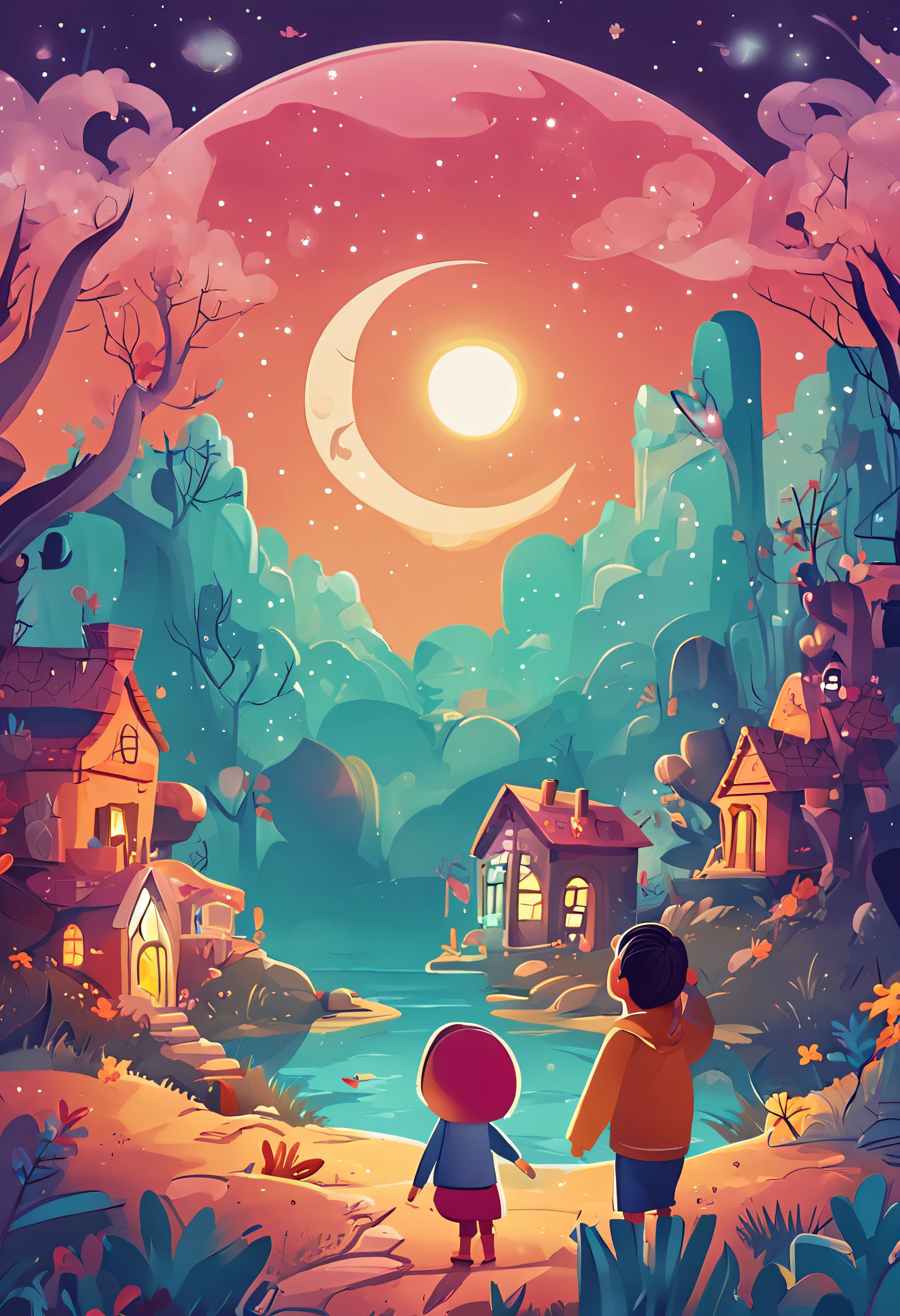 "Crie uma imagem com uma atmosfera encantadora e infantil. Na imagem, inclua dois personagens, both exploring a nighttime scenery filled with wonders. Add a starry sky with smiling stars, and place a friendly moon watching the scene with an affectionate gaze. Ademais, Insert a translucent spirit, Friendly and bright looking, as a magical guide on the characters' nightly journey. Use a palette of soft and vibrant colors to create a cheerful and magical environment, Perfectly suited for children. Let your creativity flow and capture the sense of adventure and mystery.
