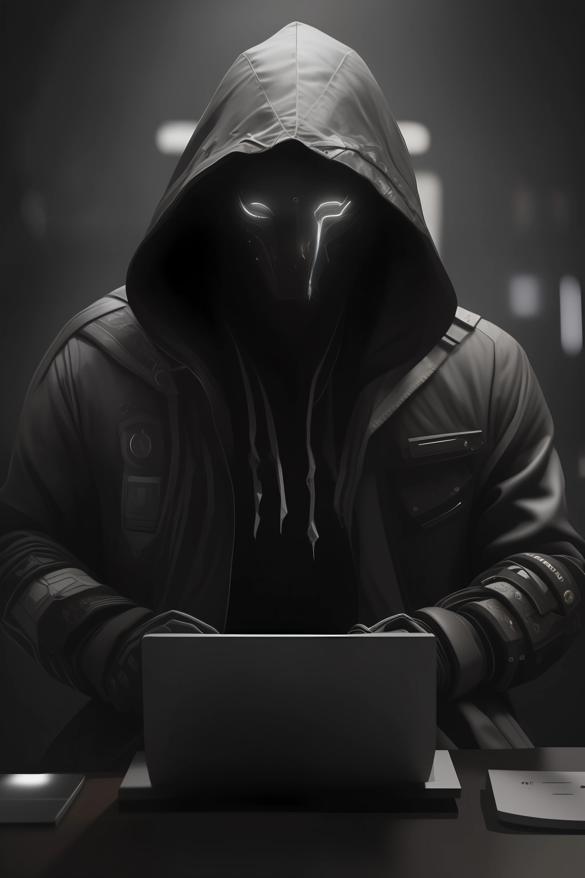 Hero with gray hood with a dark face and gray eyes thunder Design a character who is a little scary Hacker, Badass👑, fundo neon preto e cinza, Epic lighting, Photography Lighting, reflection mapping, ultra detalhado, fotorrealista, cinemactic, movie quality rendering, vfx post production, rtx ray tracing lighting, atmosfera mal-humorada, Sombra