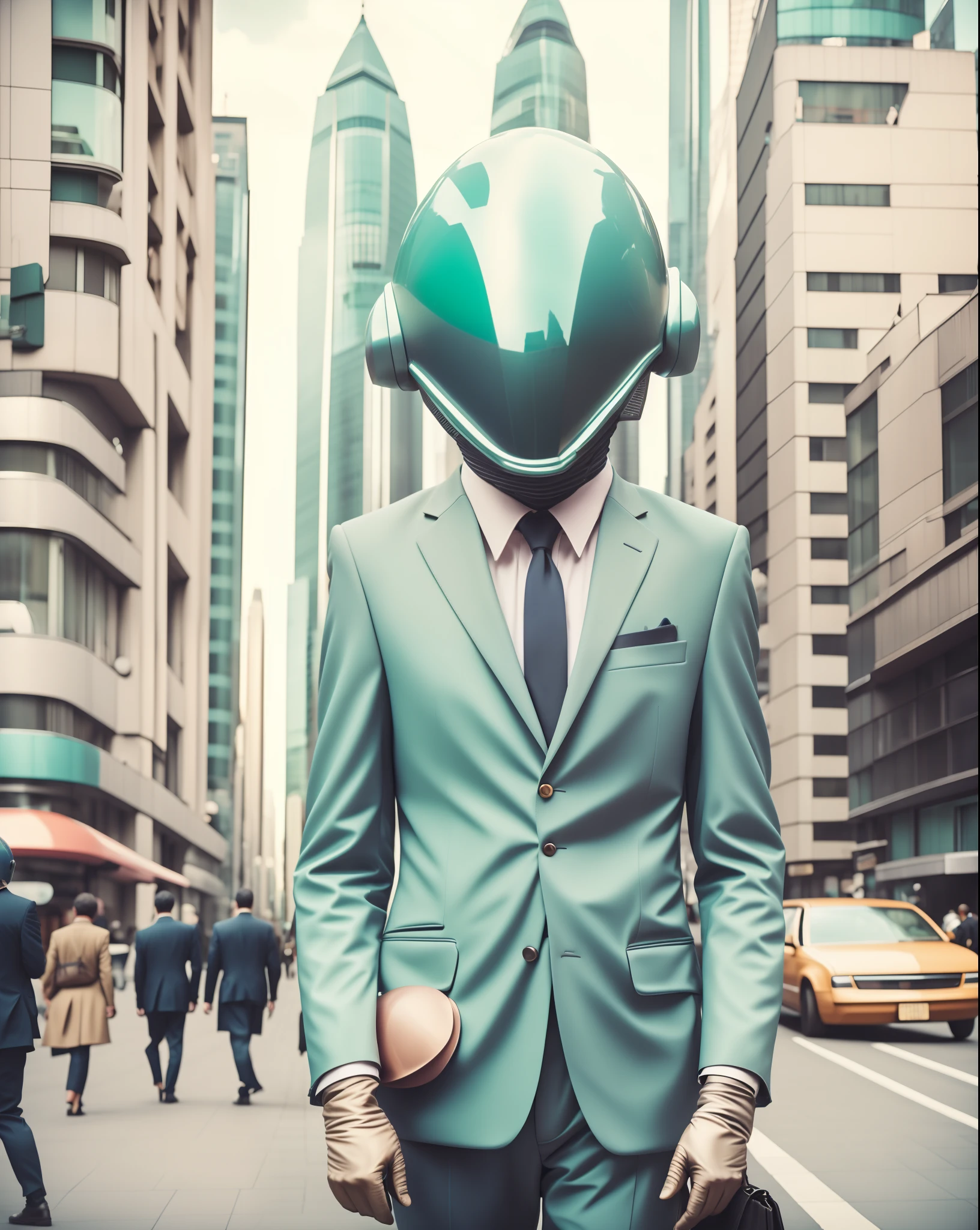 a man in a suit and random helmet on a urban city street