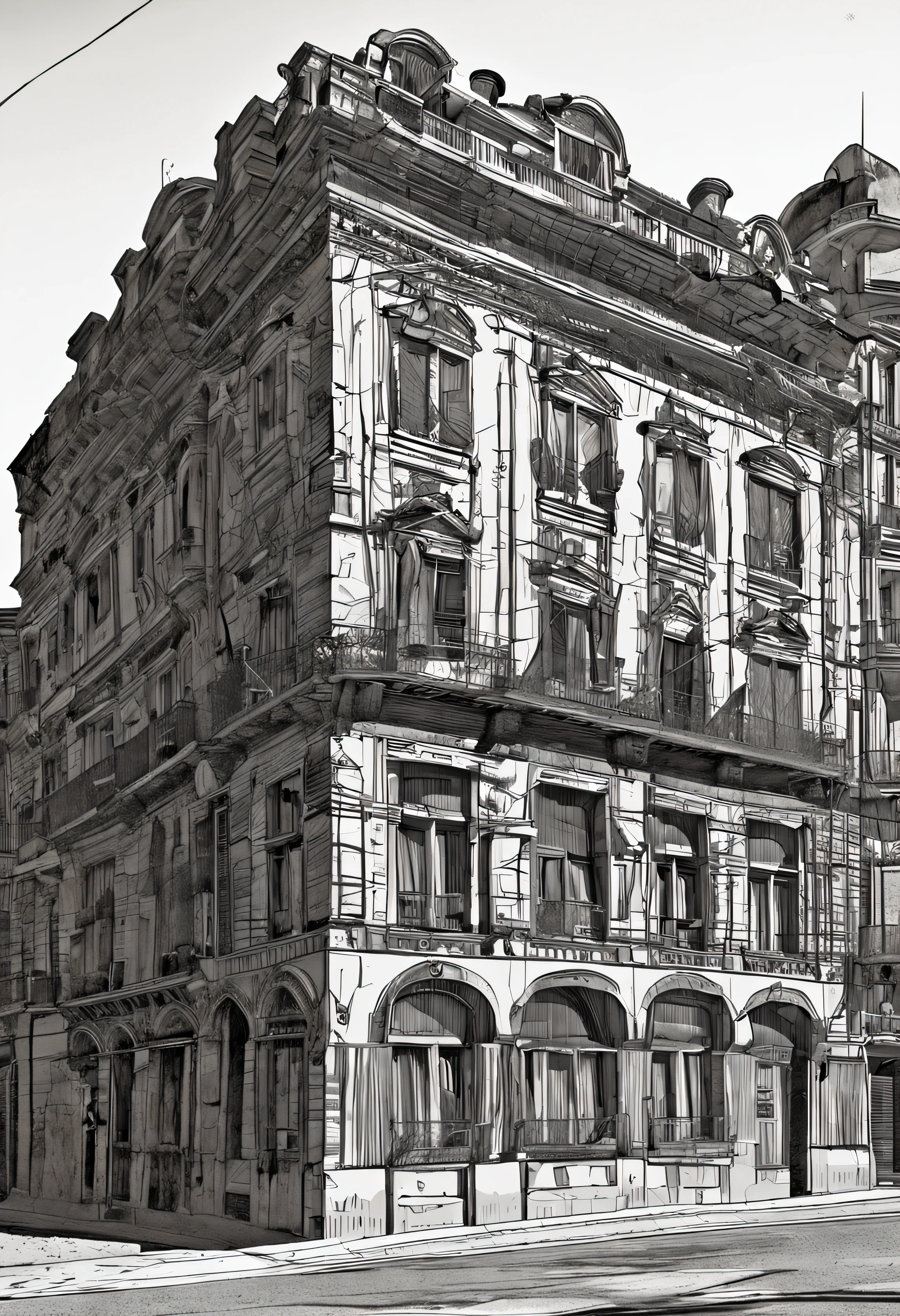 portada para libro, Color de fondo: Una paleta de colores oscuros, predominando tonos grises y negros, with bluish undertones to accentuate the mysterious atmosphere. Imagen central: A color illustration, o photograph of the building in Lucerne, cuatro pisos, BUENOS AIRES , ARGENTINA. Debe ser una vista angular desde abajo hacia arriba, capturing its majesty and antiquity. Las ventanas del edificio tienen luces tenues, and one or two windows are fully lit, sugiriendo actividad o presencia dentro. sombras: Siluetas de tres personajes (Carlos, Elisa y Gerardo) parados en un pasillo oscuro, with an antique lamp hanging above, arrojando luz sobre ellos. En la mano de Elisa, The silhouette of a revolver is barely visible.