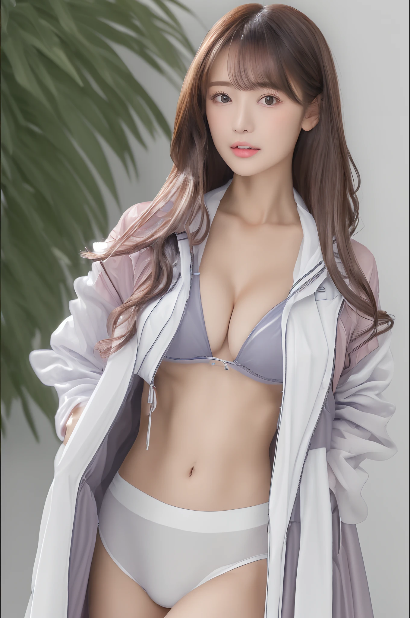 ((best qualtiy, 8K, tmasterpiece:1.3)), perfect figure beautiful woman, Protruding cleavage:1.1, (Perfect breasts:1.1), (wetclothes:1.2) , Bandeau:1.1, A detailed eye, 二重まぶた,Whiten the skin,long whitr hair