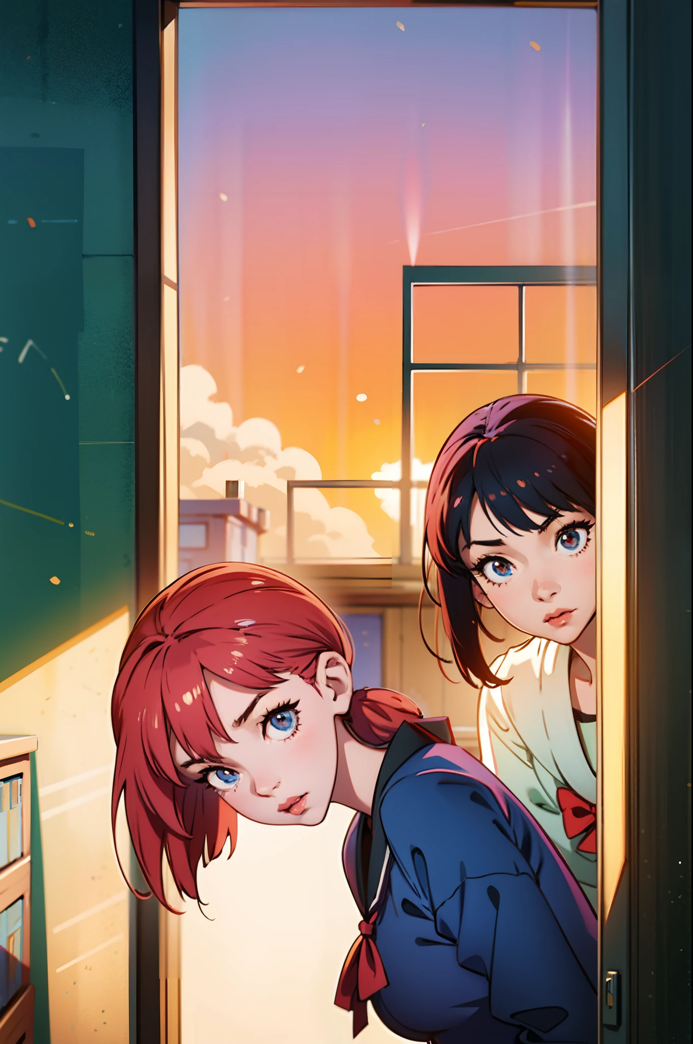 ((cute high school girl::0.9)) ((innocent expression::0.8)) ((wearing navy blue sailor uniform::0.7)) ((with red ribbon::0.6)) ((walking school hallway::0.95)) ((after school::0.9)) ((classroom background::0.85)) ((lockers in hallway::0.8)) ((warm sunset light in classroom::0.75)) ((sunny day::0.7)) ((late afternoon::0.8)) ((contemporary Japanese high school setting::0.6)) ((anime artstyle::0.9)) ((realistic rendering::0.8)) ((straight on eye level angle::0.7)) ((8K ultra high resolution::0.95)) ((warm pastel color scheme::0.9)) ((soft sunset lighting::0.85)) --ar 9:16 --no impersonal structure