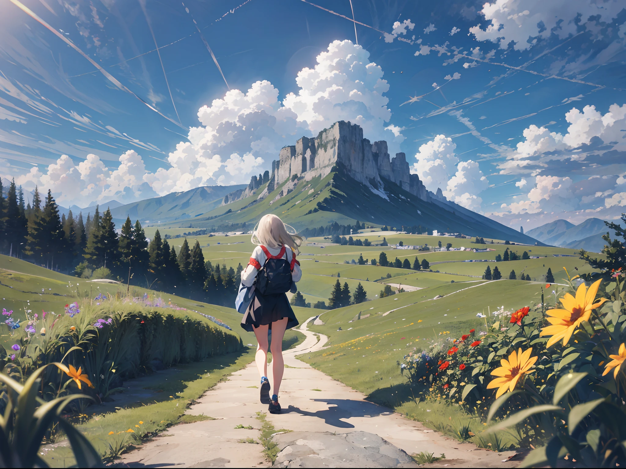 Good-looking clouds，hillside，Go down，back to look back，weed，wildflowers，Motion trajectory，Big wind，，CG art，tmasterpiece，high qulity，depth of fields，Storytelling images，